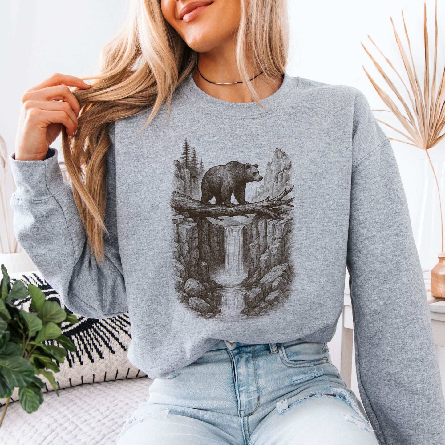 Bear Crossing Waterfall Sweatshirt – Vintage Wilderness Sketch Gift