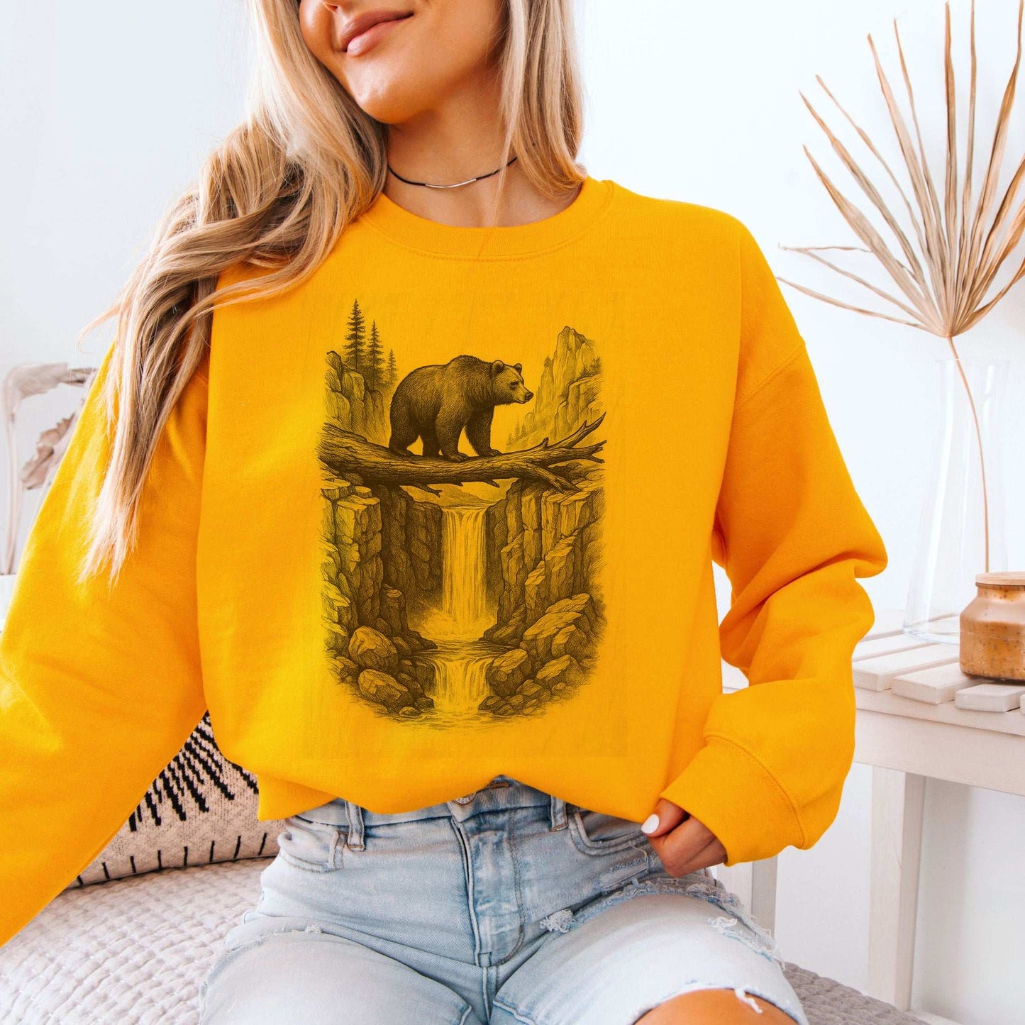 Bear Crossing Waterfall Sweatshirt – Vintage Wilderness Sketch Gift