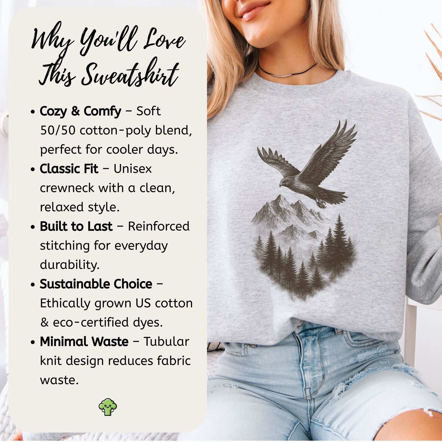 Eagle Over Mountains Sweatshirt – Vintage Wilderness Spirit Animal Sketch