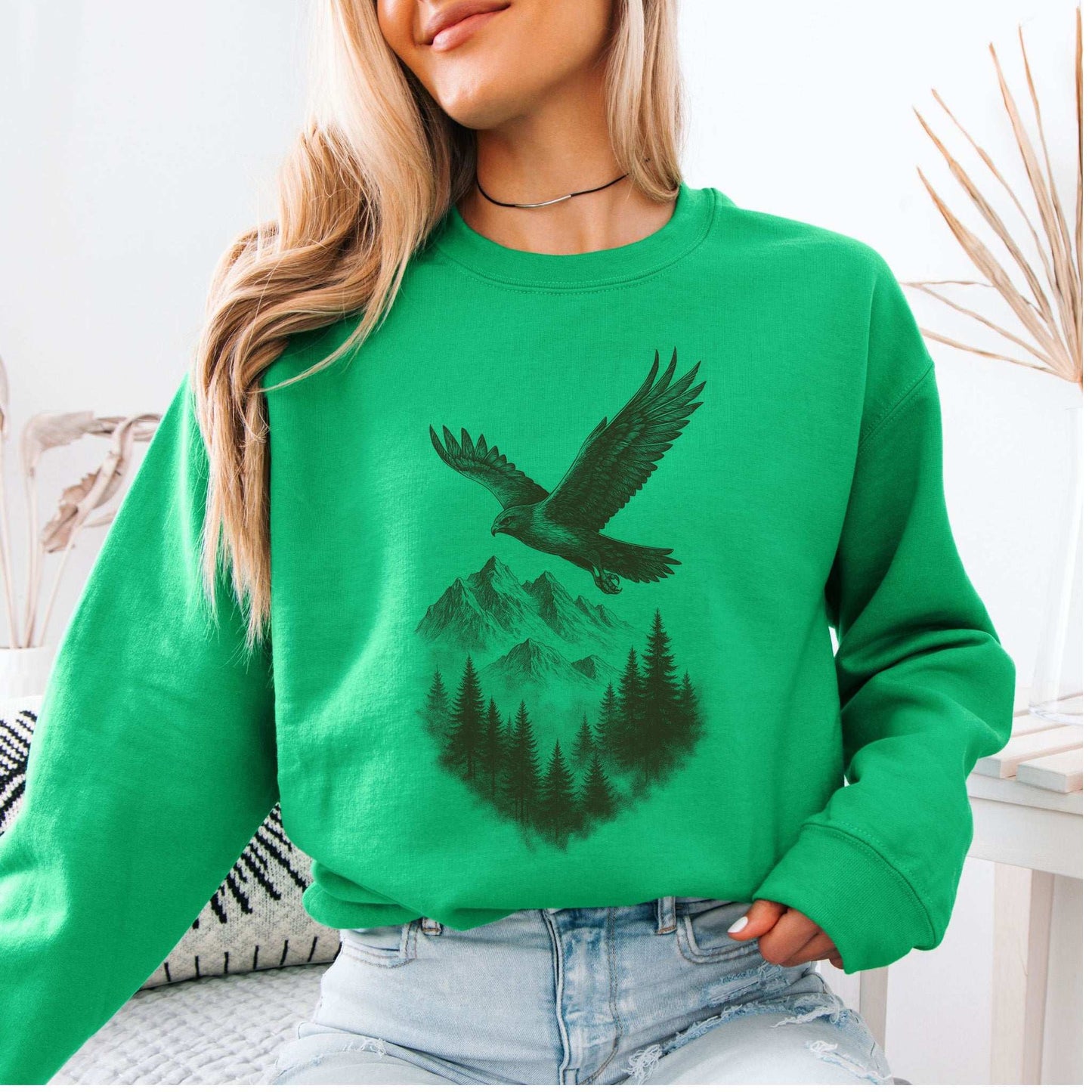 Eagle Over Mountains Sweatshirt – Vintage Wilderness Spirit Animal Sketch