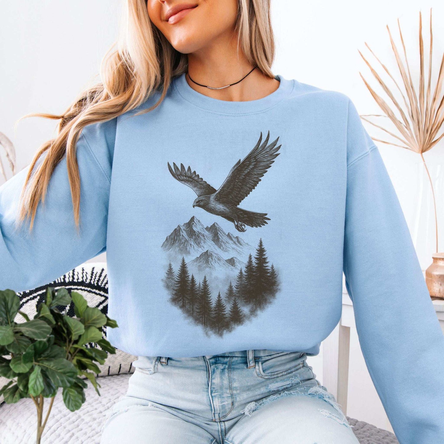Eagle Over Mountains Sweatshirt – Vintage Wilderness Spirit Animal Sketch
