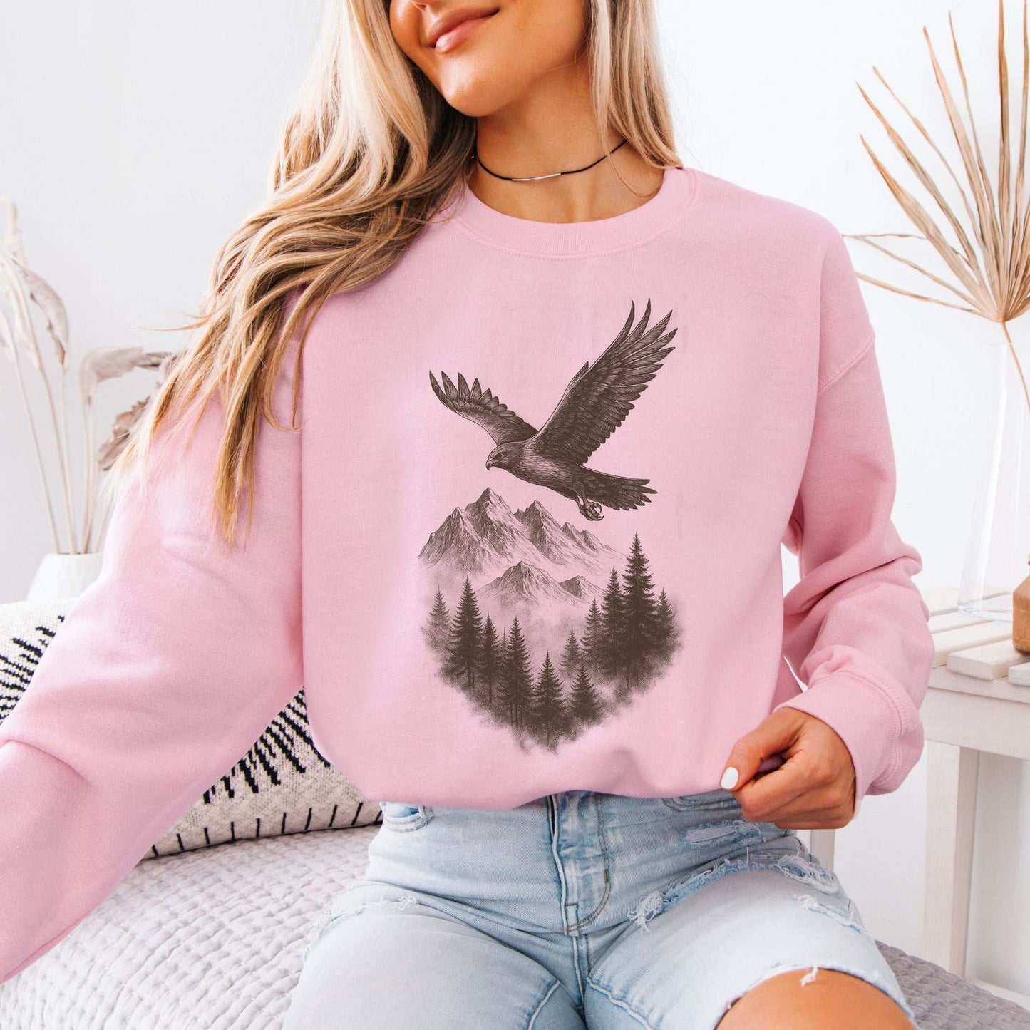 Eagle Over Mountains Sweatshirt – Vintage Wilderness Spirit Animal Sketch