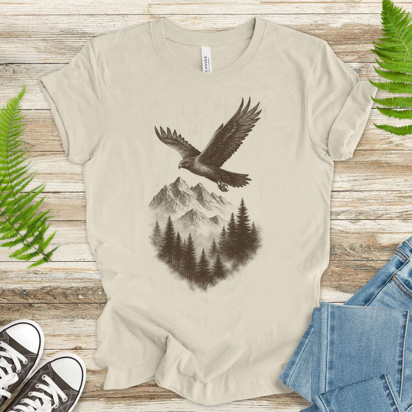 Eagle Over Mountains T-Shirt – Vintage Wilderness Spirit Animal Sketch