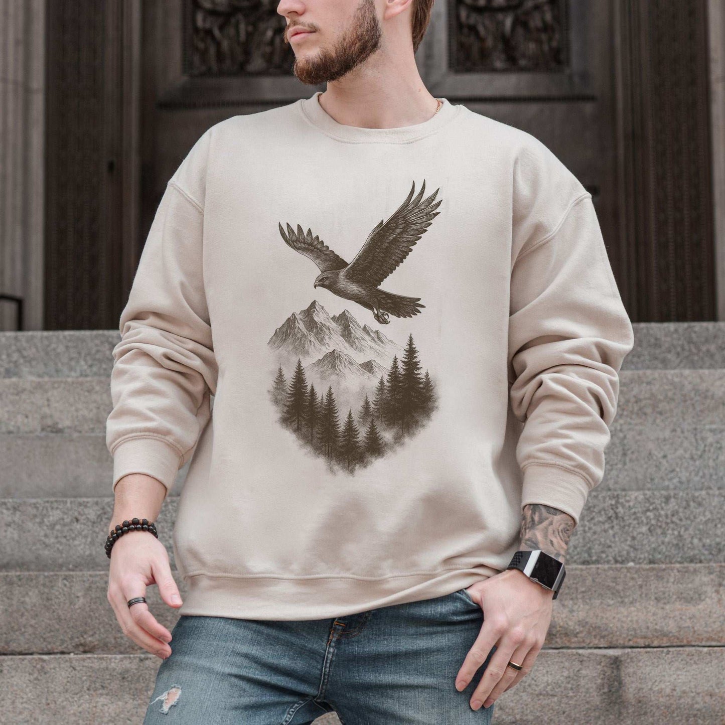 Eagle Over Mountains Sweatshirt – Vintage Wilderness Spirit Animal Sketch