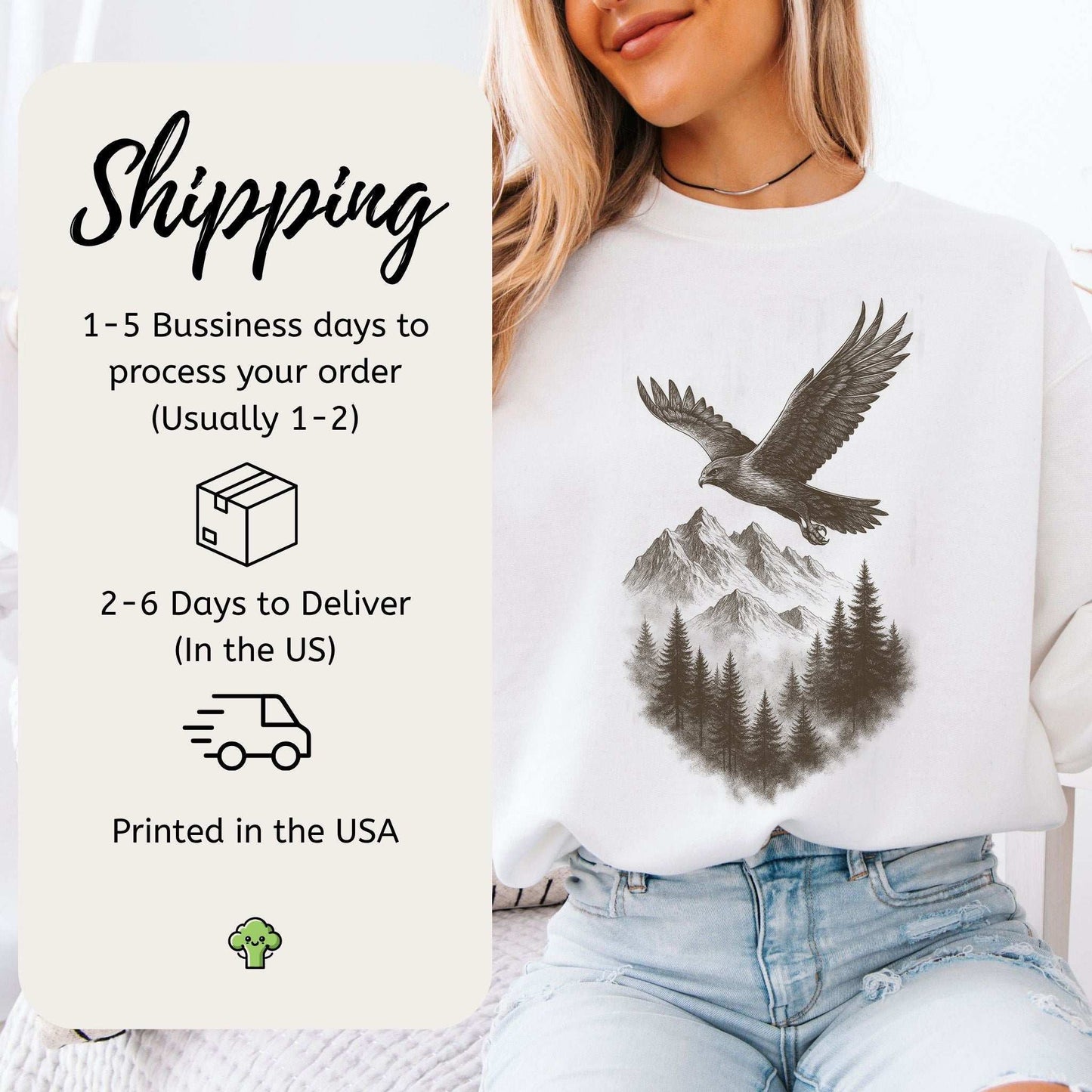Eagle Over Mountains Sweatshirt – Vintage Wilderness Spirit Animal Sketch