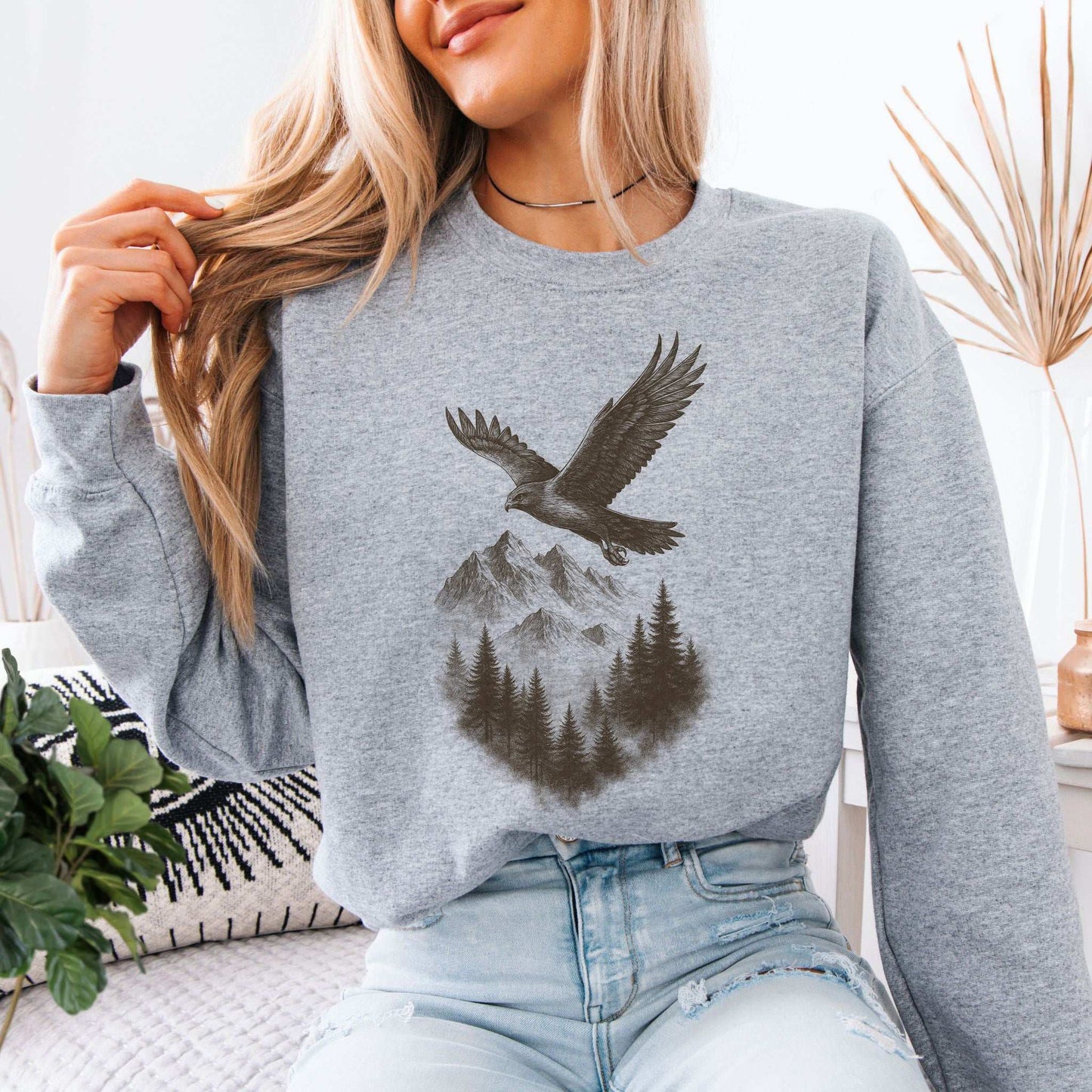 Eagle Over Mountains Sweatshirt – Vintage Wilderness Spirit Animal Sketch