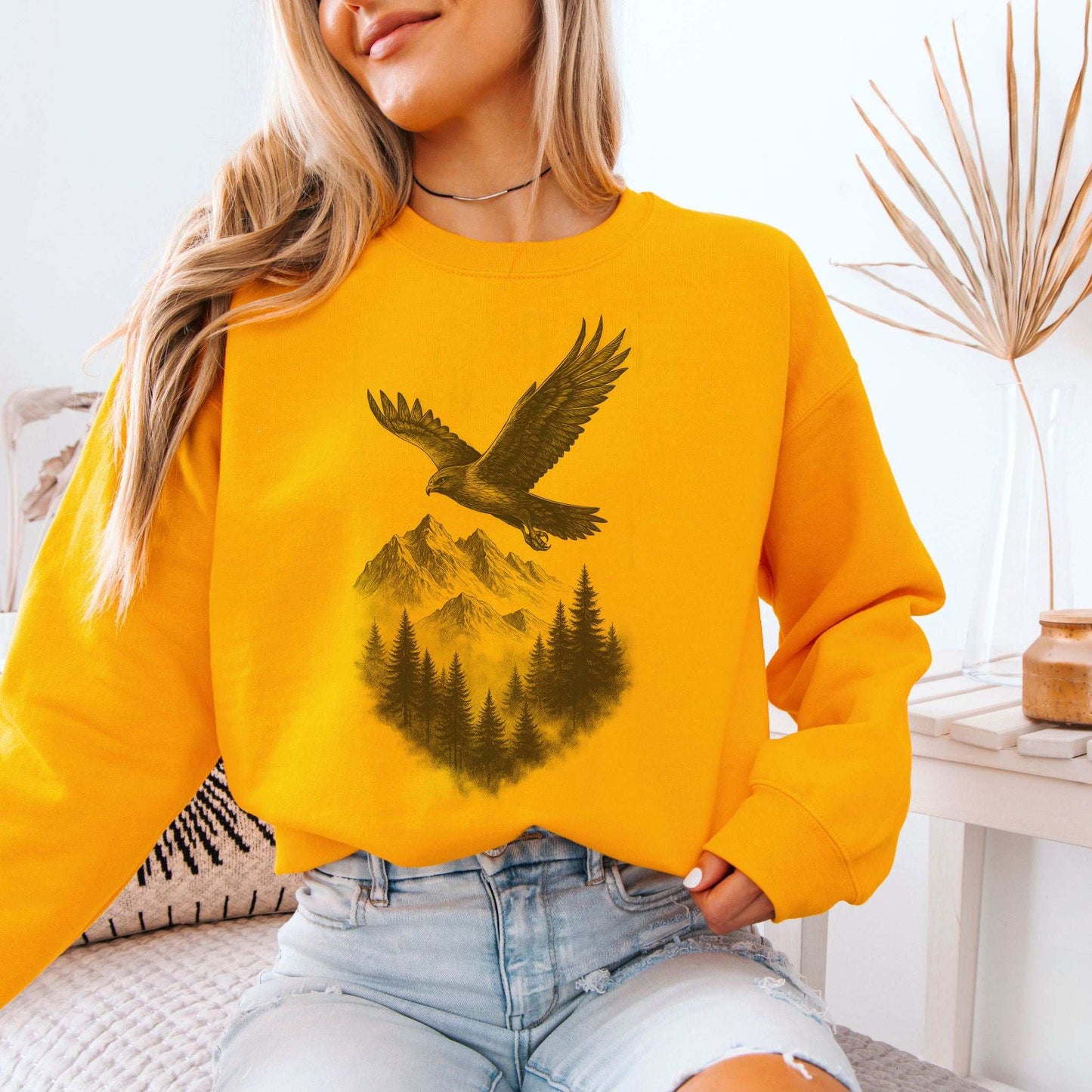 Eagle Over Mountains Sweatshirt – Vintage Wilderness Spirit Animal Sketch
