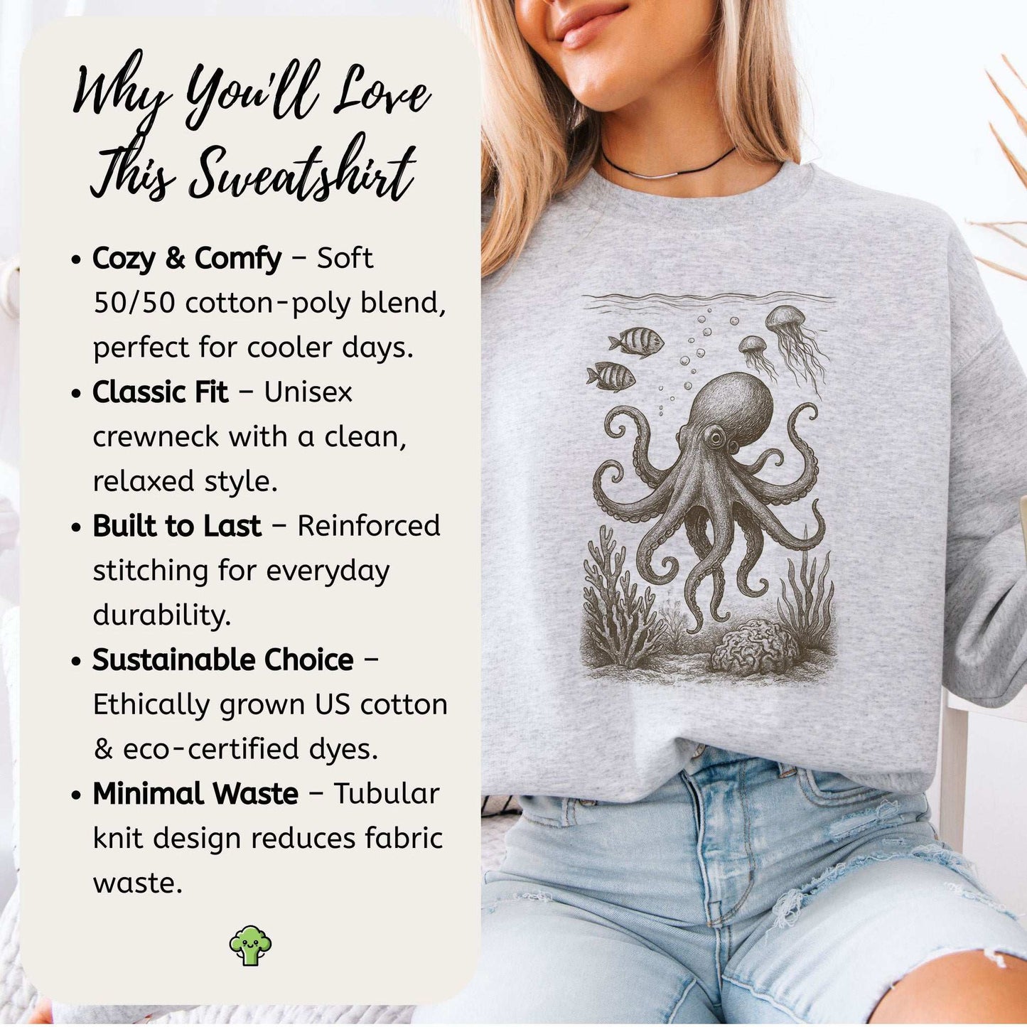 Octopus & Coral Reef Sweatshirt featuring vintage marine art, perfect gift for sea lovers and ocean enthusiasts.