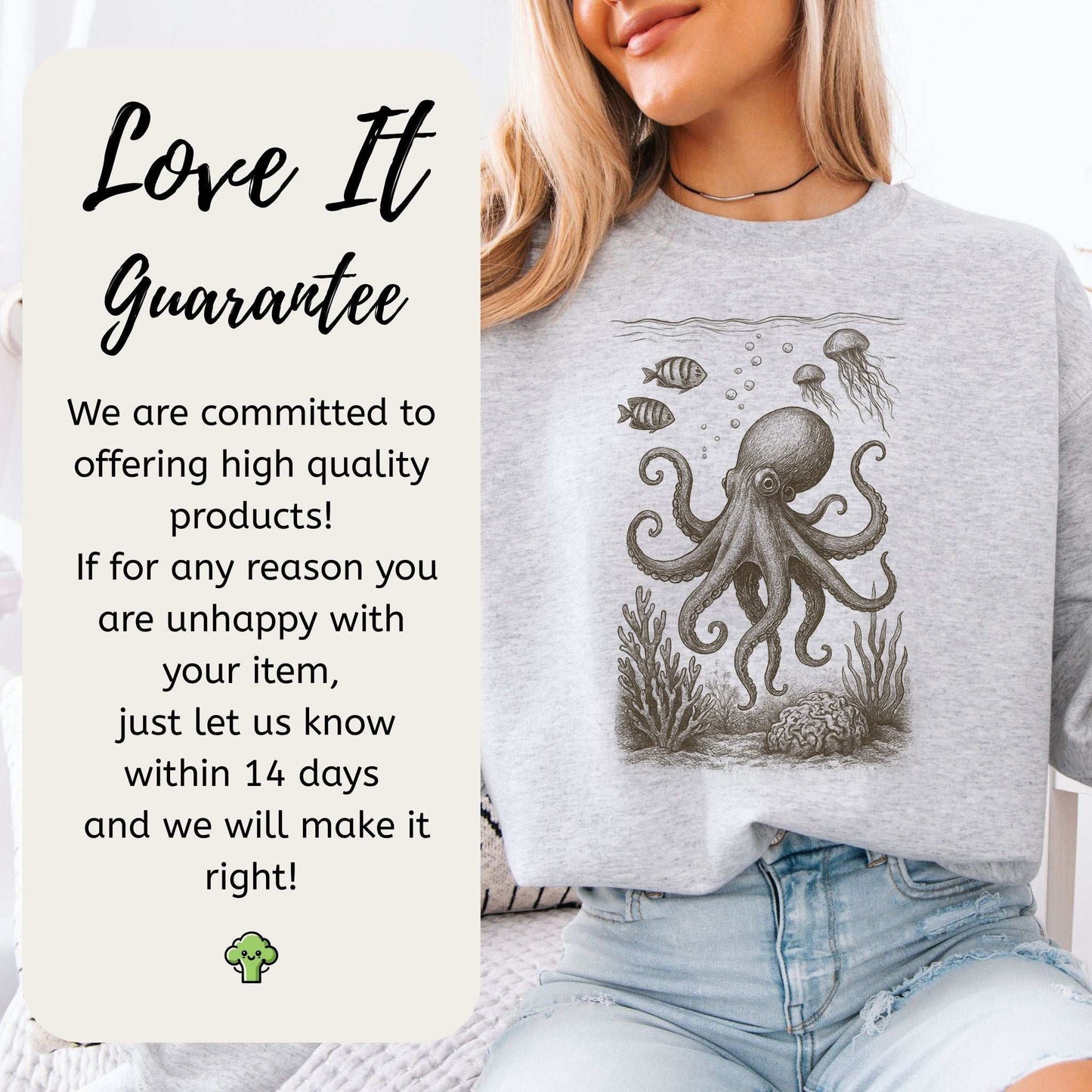 Octopus & Coral Reef Sweatshirt featuring intricate octopus design, perfect gift for sea lovers and ocean enthusiasts.