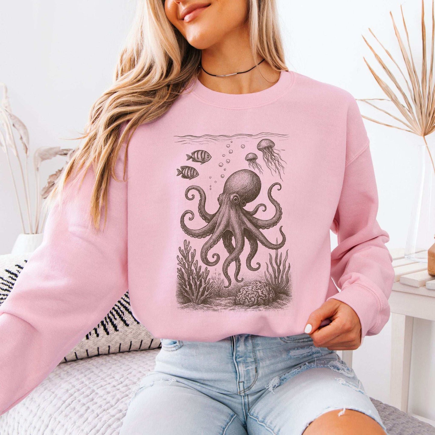 Octopus & Coral Reef Sweatshirt featuring a vintage octopus design, perfect gift for sea lovers.