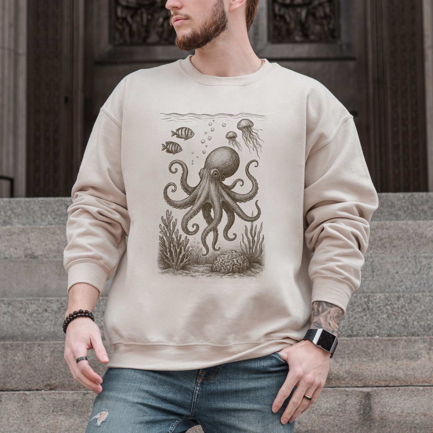 Octopus & Coral Reef Sweatshirt featuring an intricately sketched octopus and marine life, perfect for sea lovers.
