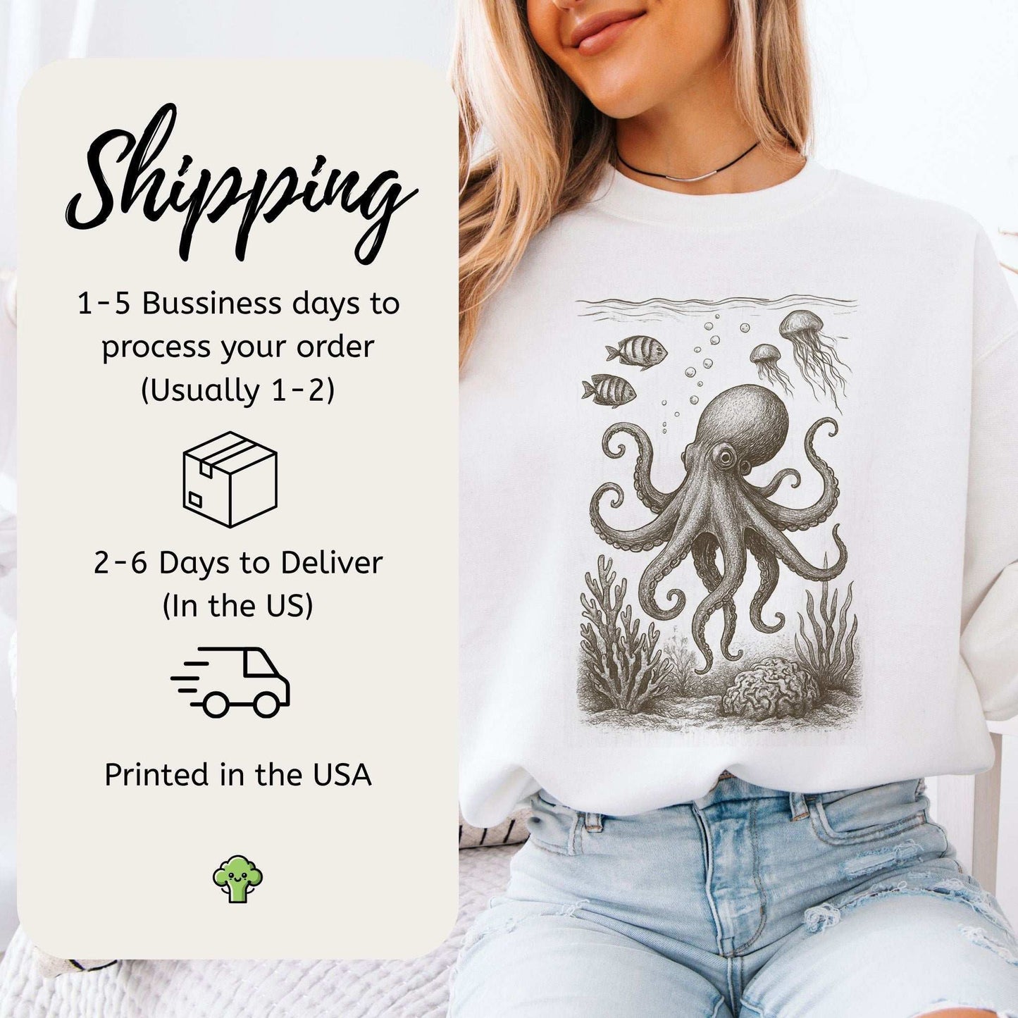 Model wearing an Octopus & Coral Reef Sweatshirt, showcasing artistic ocean life design, perfect gift for sea lovers.