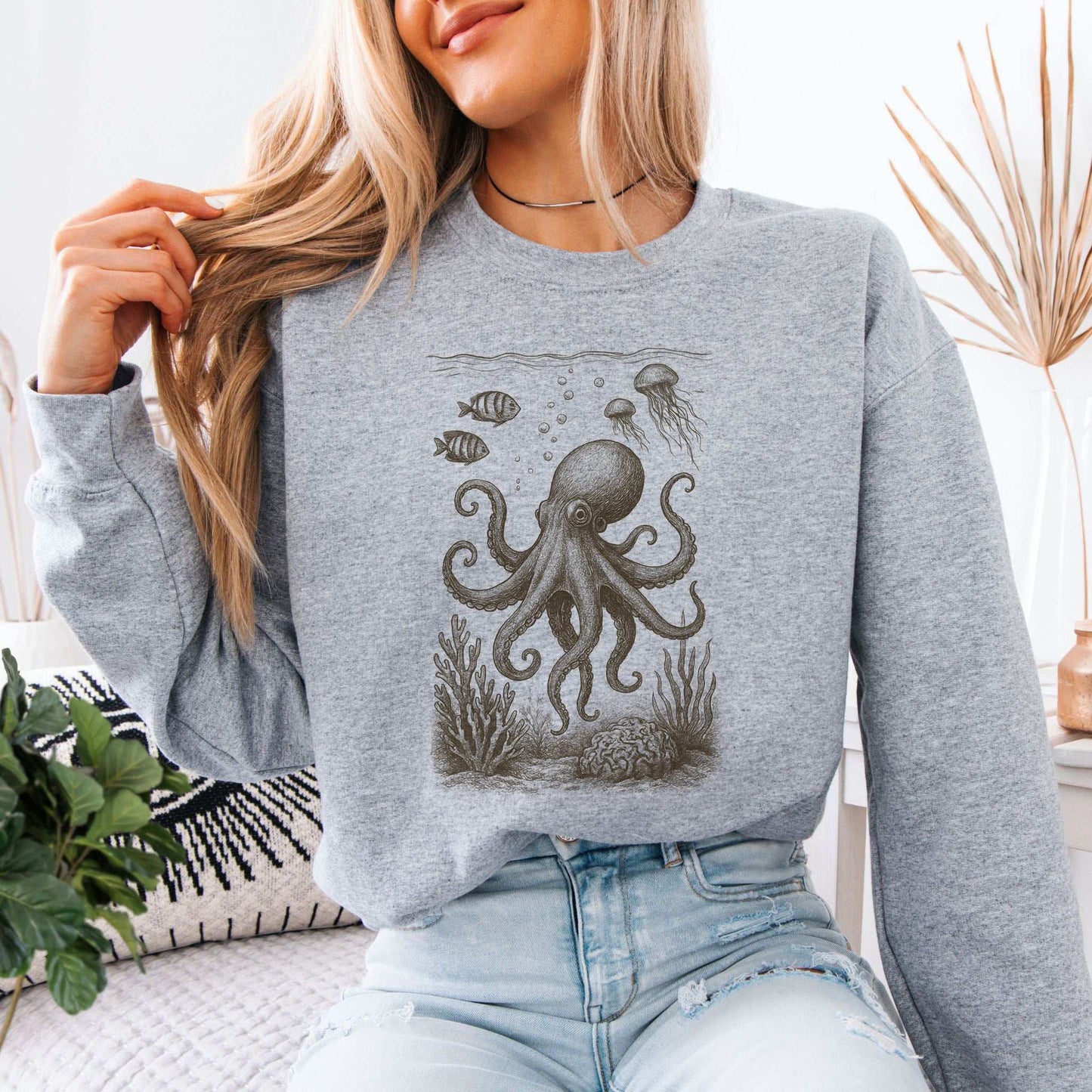Octopus & Coral Reef Sweatshirt featuring intricate octopus design, perfect gift for sea lovers and ocean enthusiasts.
