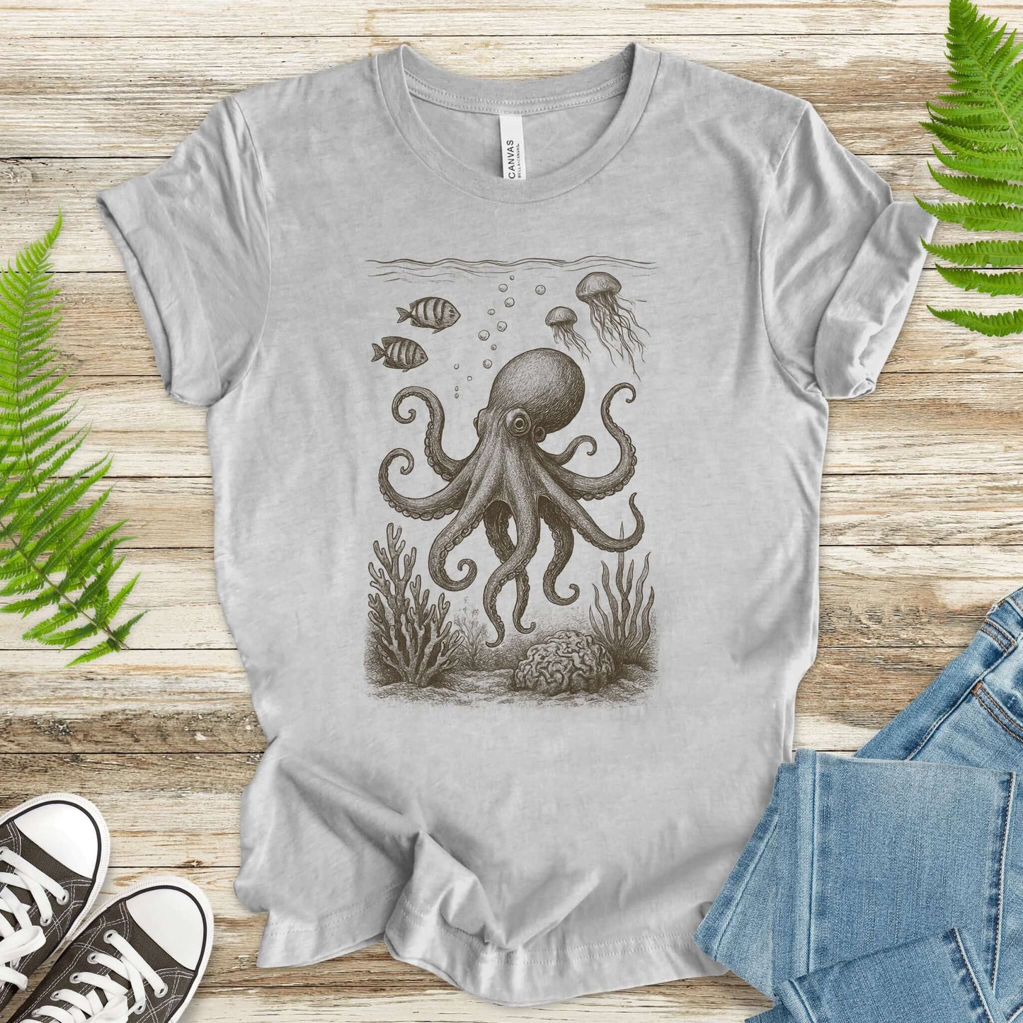 Octopus & Coral Reef Sketch T-Shirt – Artistic Ocean Life Tee