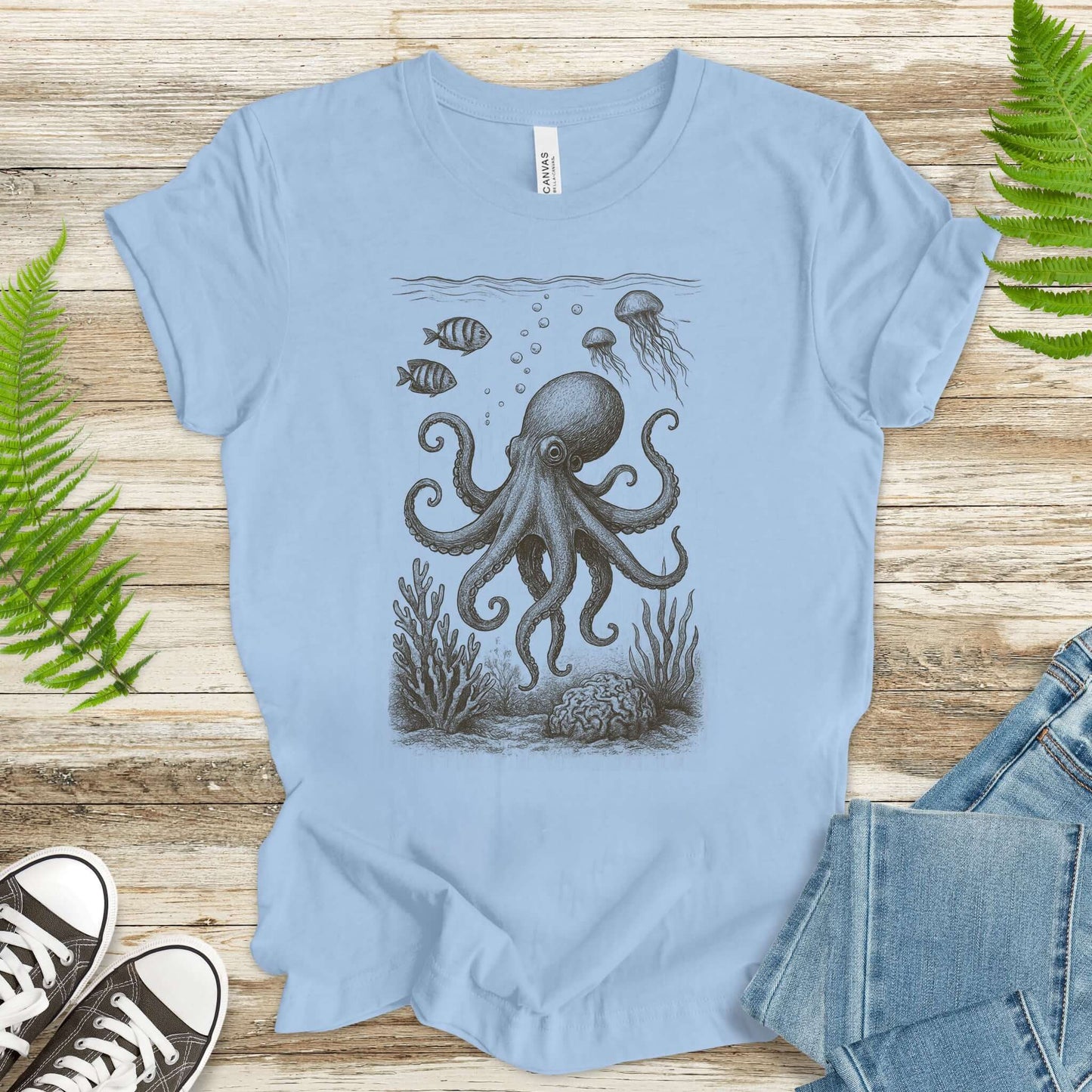 Octopus & Coral Reef Sketch T-Shirt – Artistic Ocean Life Tee