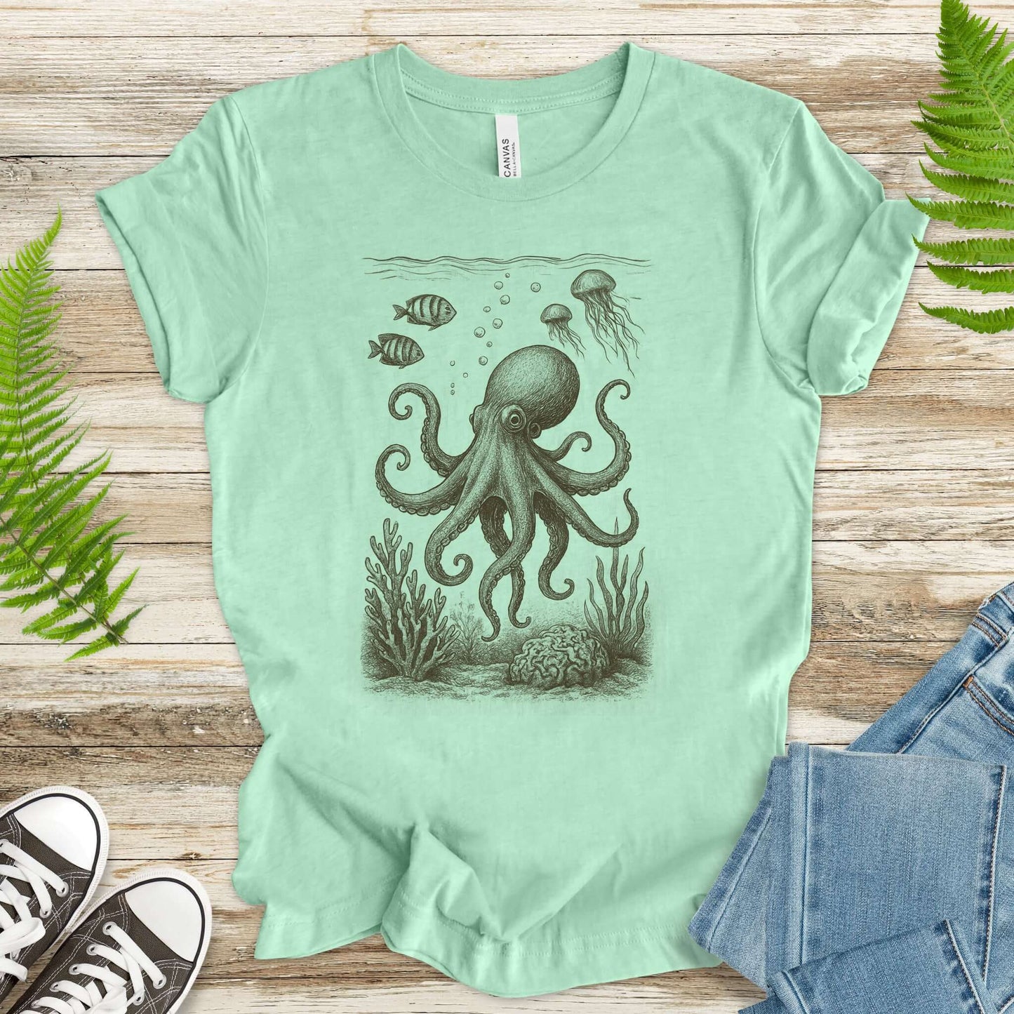 Octopus & Coral Reef Sketch T-Shirt – Artistic Ocean Life Tee