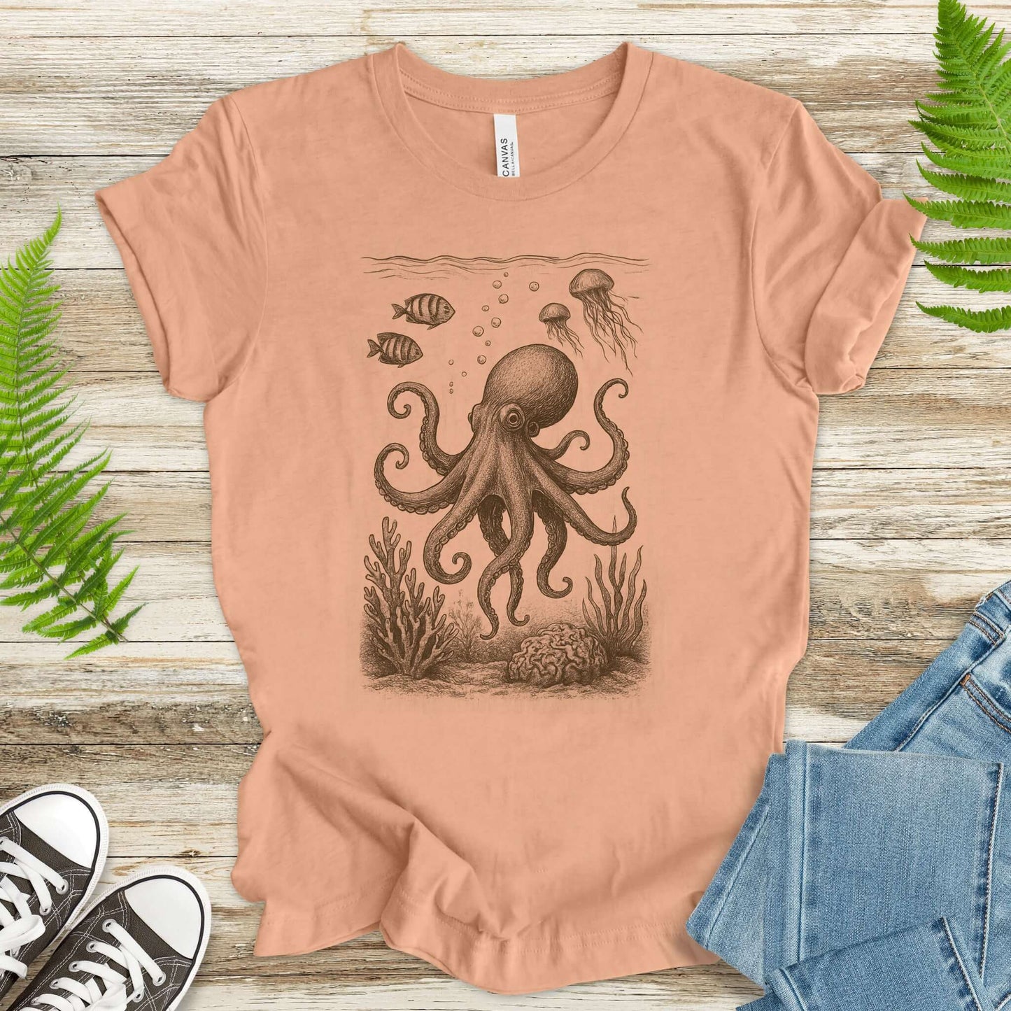 Octopus & Coral Reef Sketch T-Shirt – Artistic Ocean Life Tee
