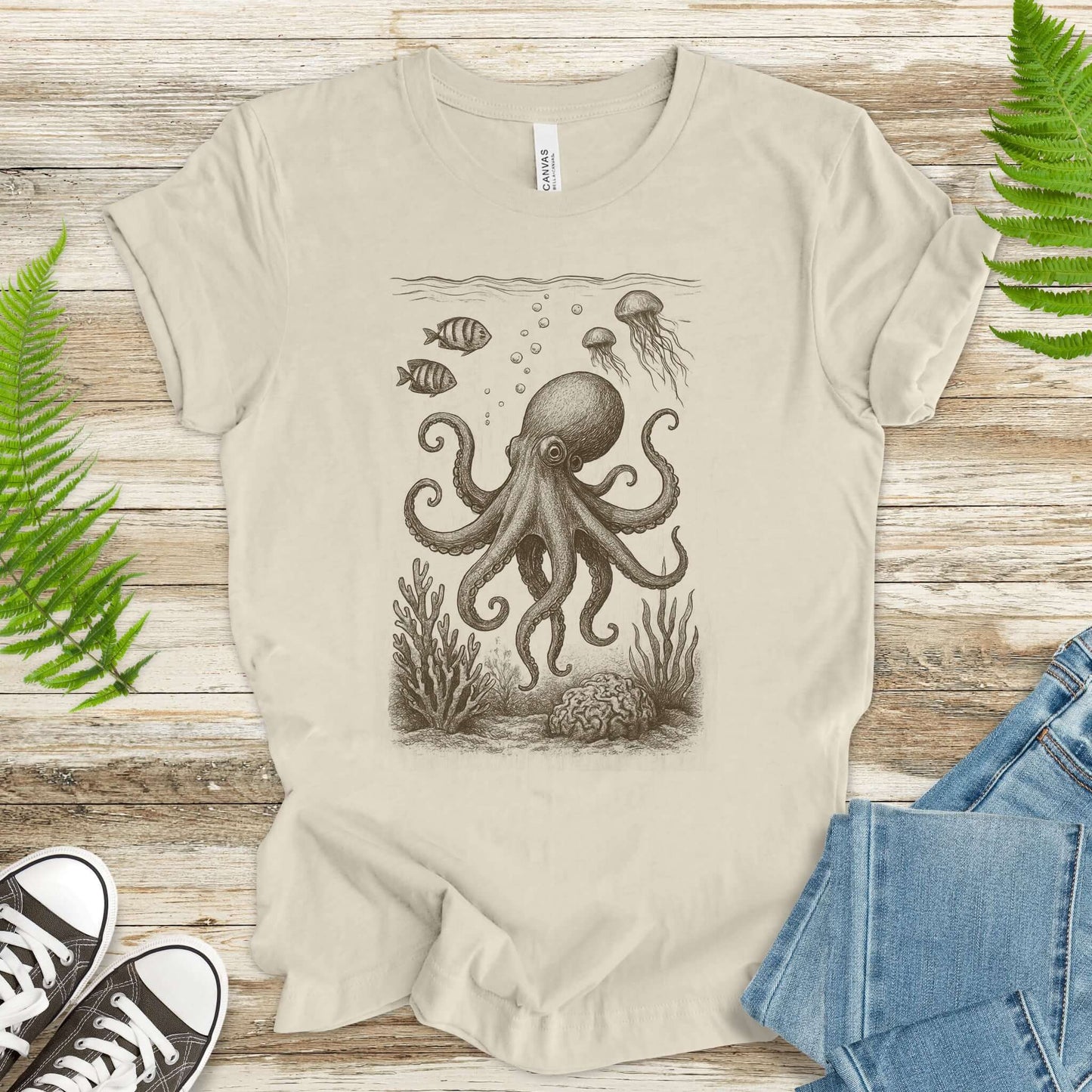Octopus & Coral Reef Sketch T-Shirt – Artistic Ocean Life Tee