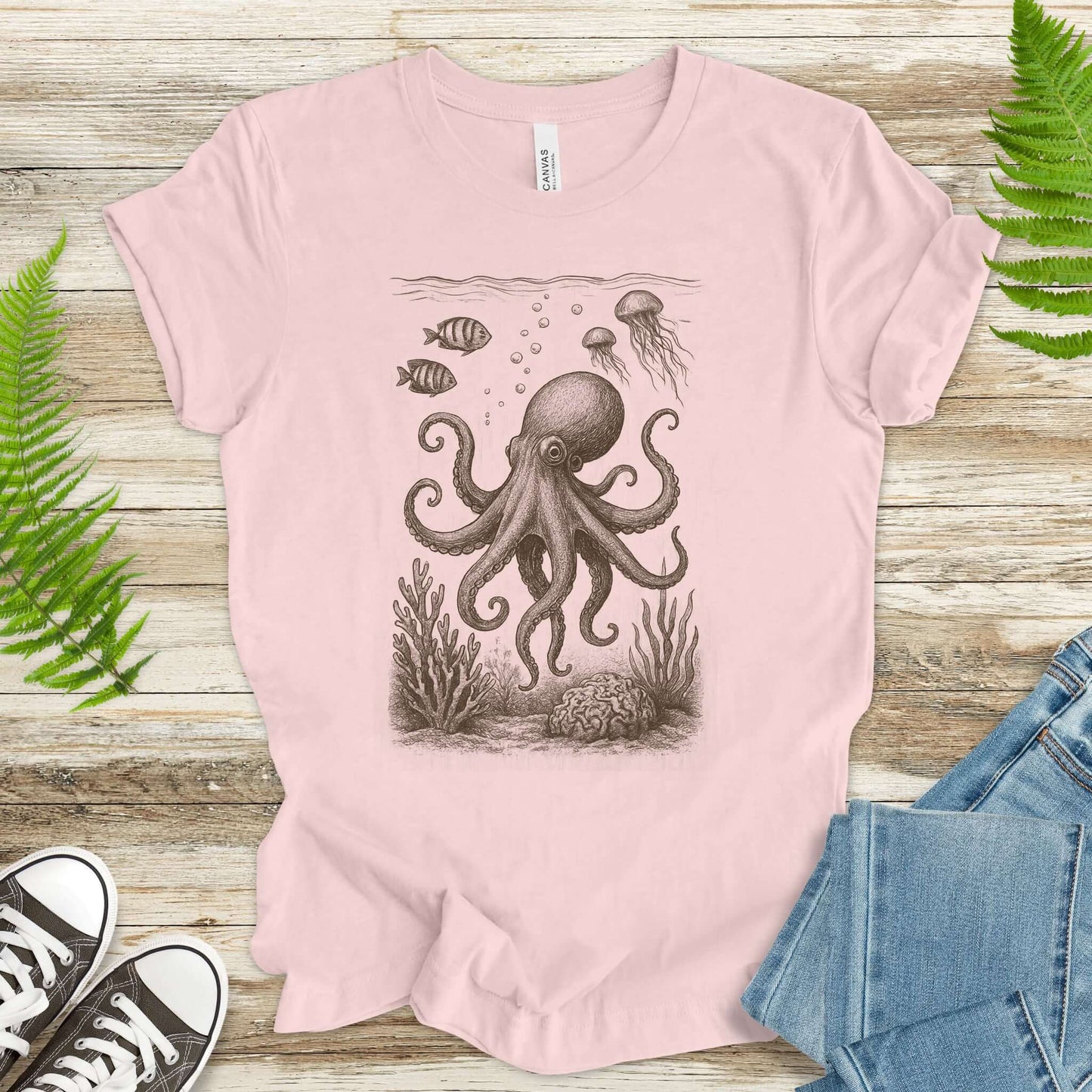Octopus & Coral Reef Sketch T-Shirt – Artistic Ocean Life Tee