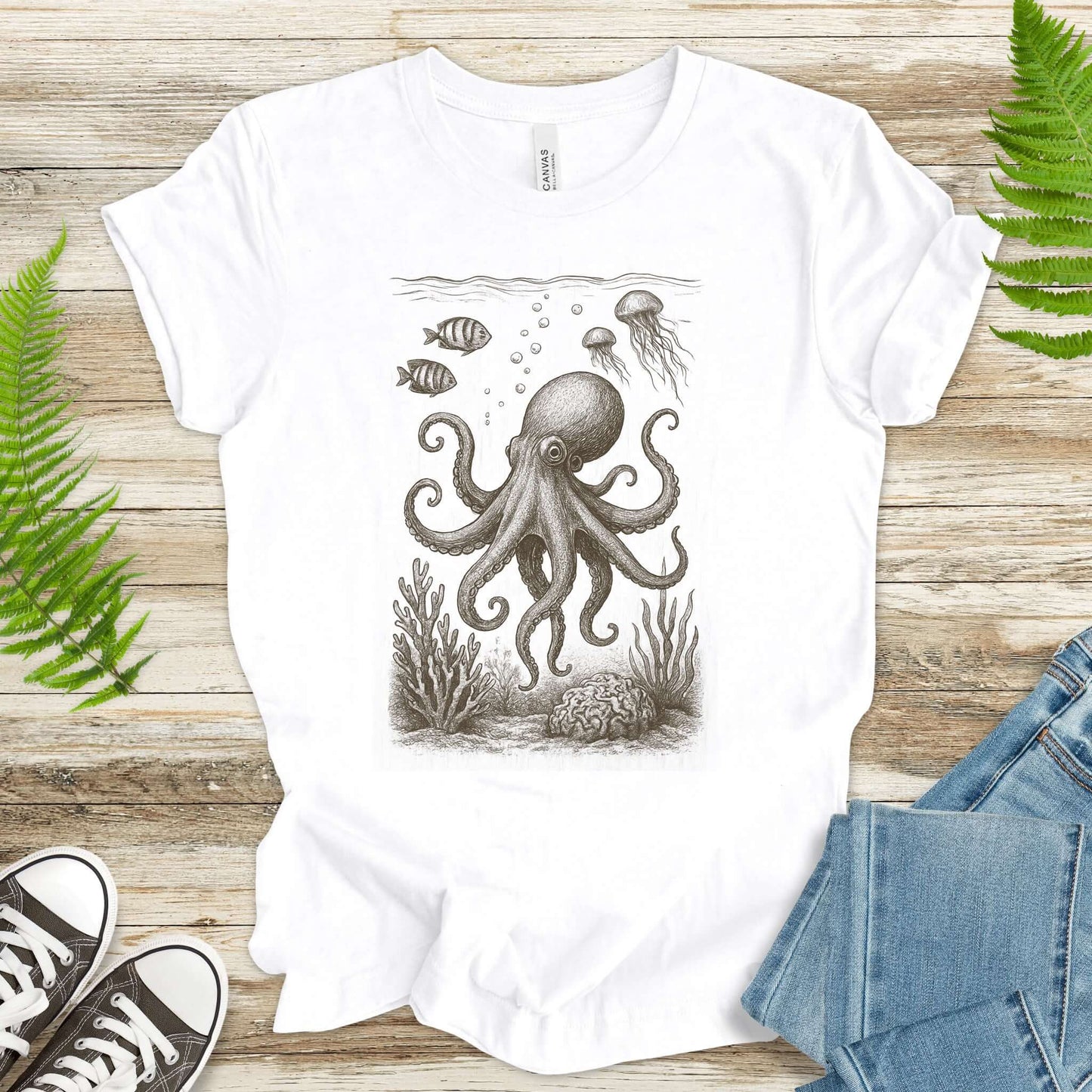 Octopus & Coral Reef Sketch T-Shirt – Artistic Ocean Life Tee