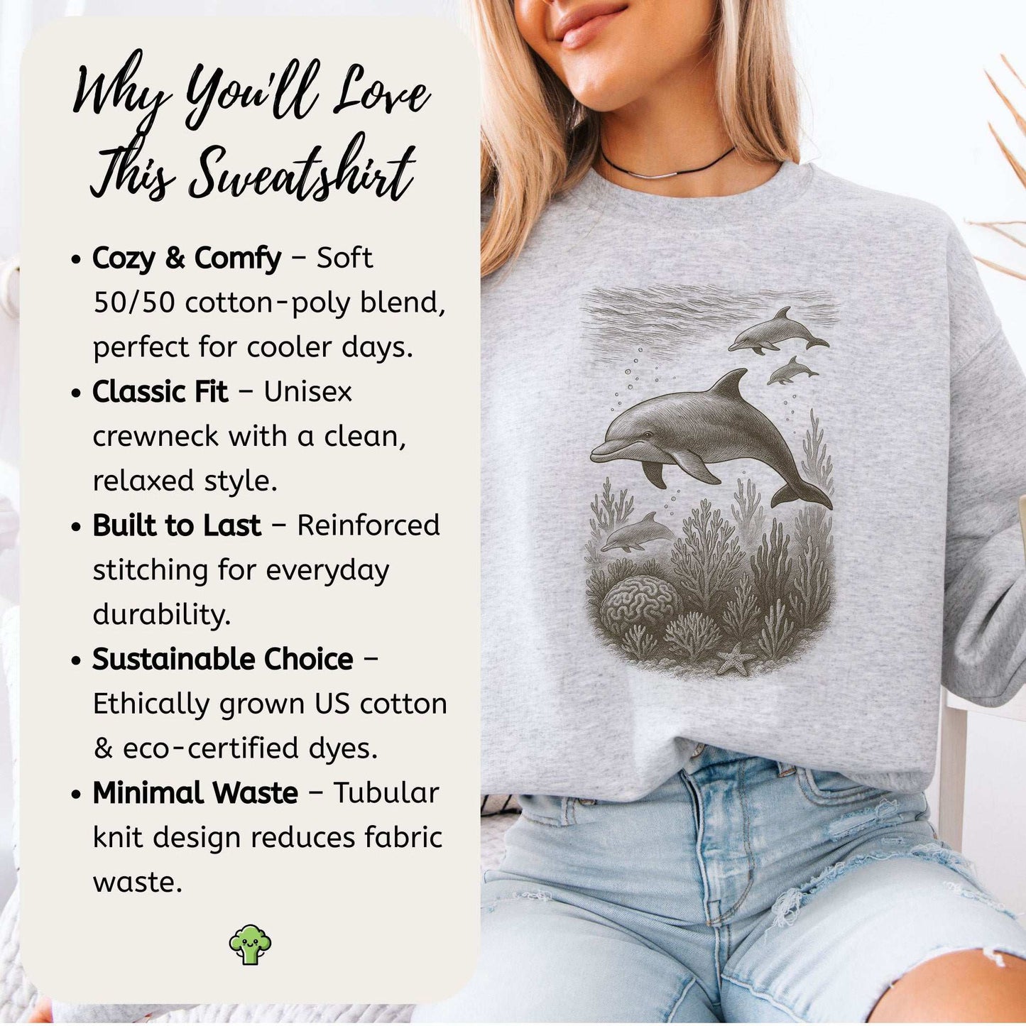 Dolphins and Coral Reef Sketch on cozy Ocean Spirit Animal Sweatshirt, perfect for cooler days and stylish comfort.