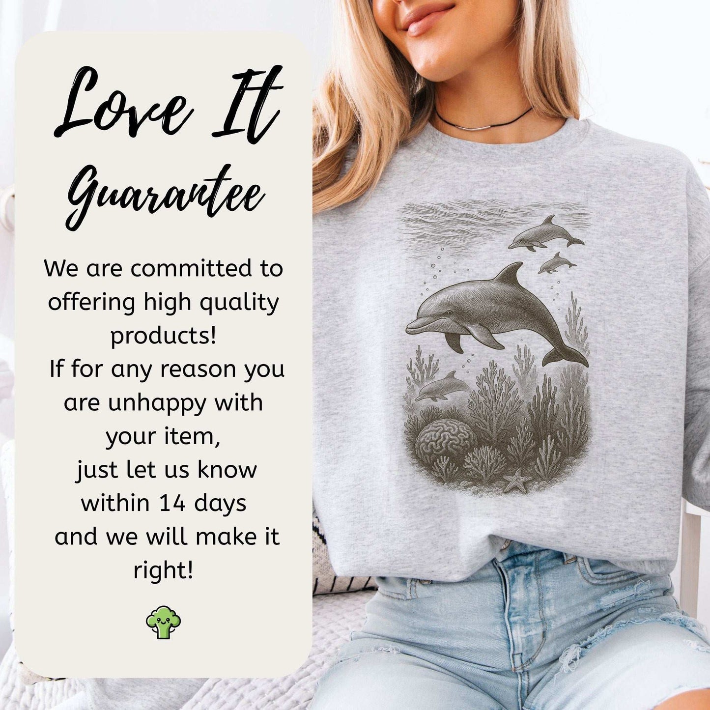 Dolphins and Coral Reef Sketch sweatshirt showcasing ocean spirit animal design with a quality guarantee message.