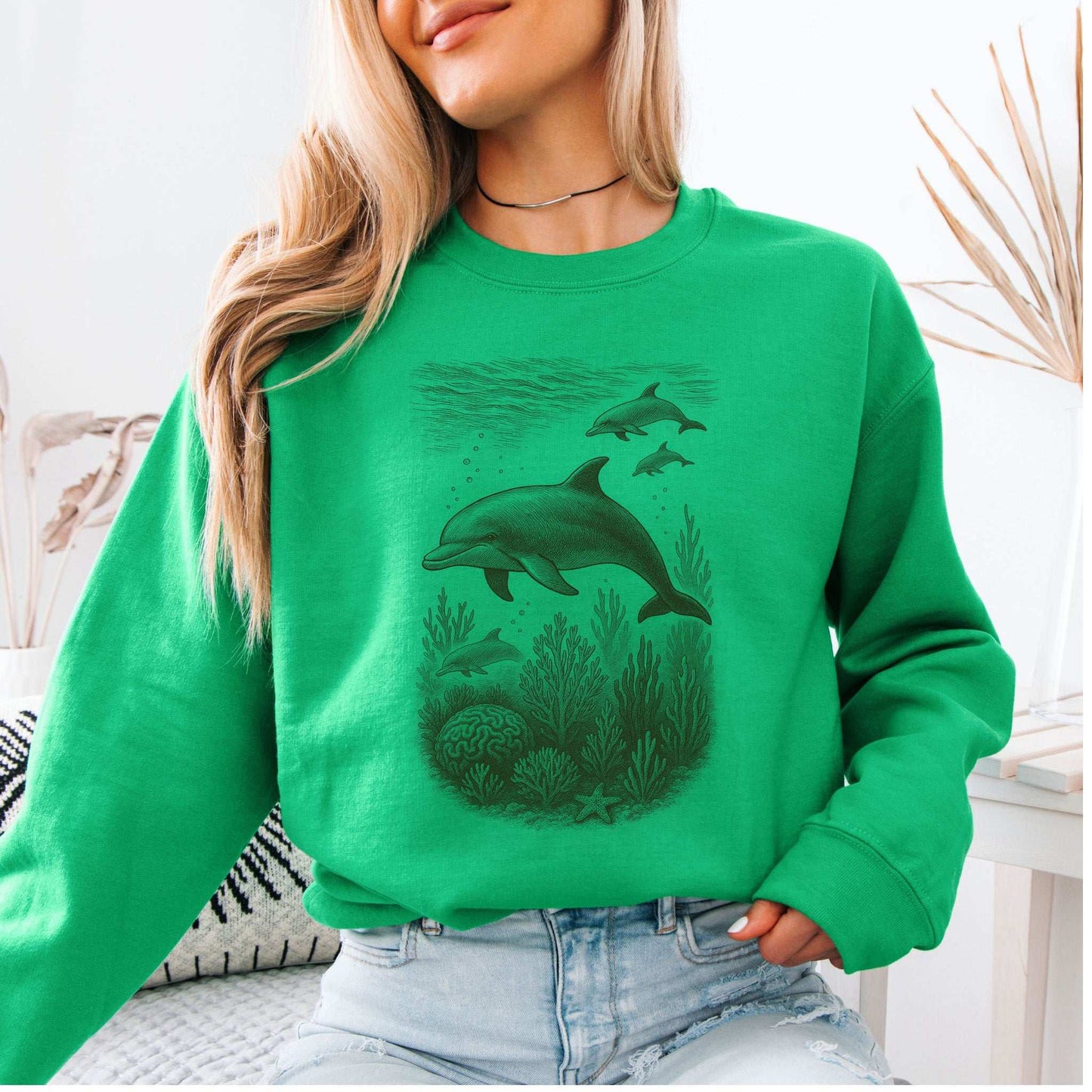 Dolphins and Coral Reef Sketch sweatshirt in vibrant green, ocean spirit animal design for cozy coastal vibes.