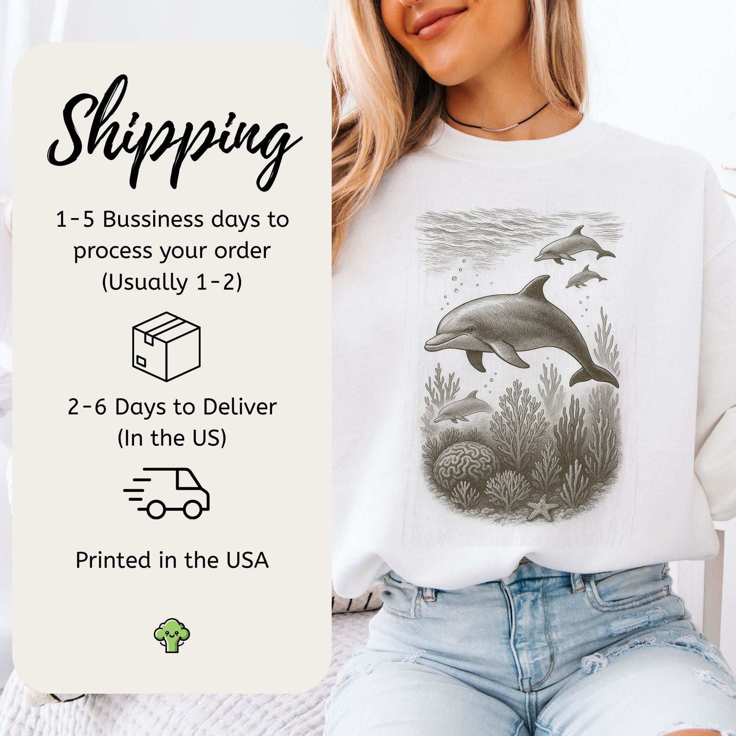 Dolphins and coral reef sketch on cozy ocean spirit animal sweatshirt, perfect for beach lovers and ocean vibes.