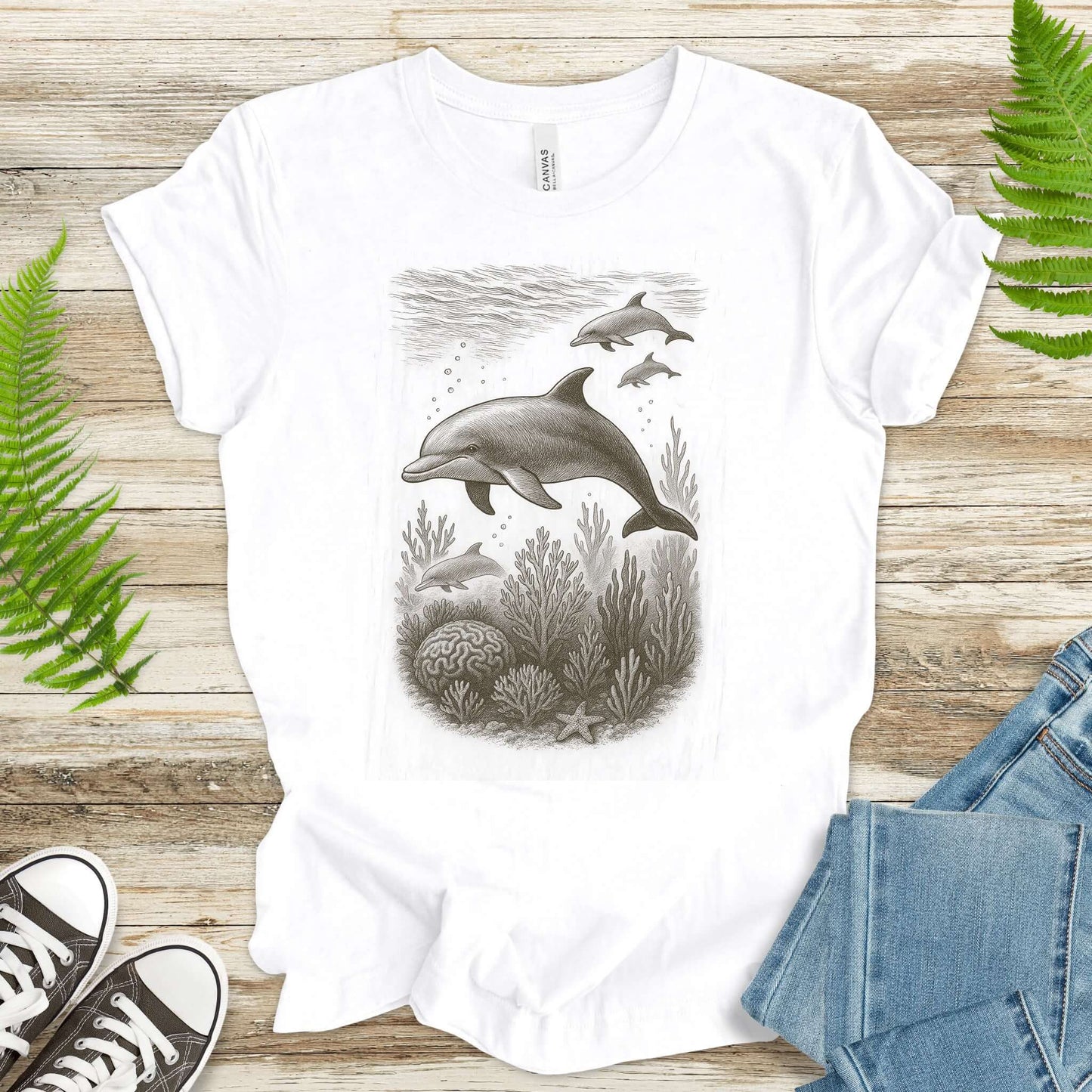 Dolphins and Coral Reef Sketch T-Shirt – Ocean Spirit Animal Tee