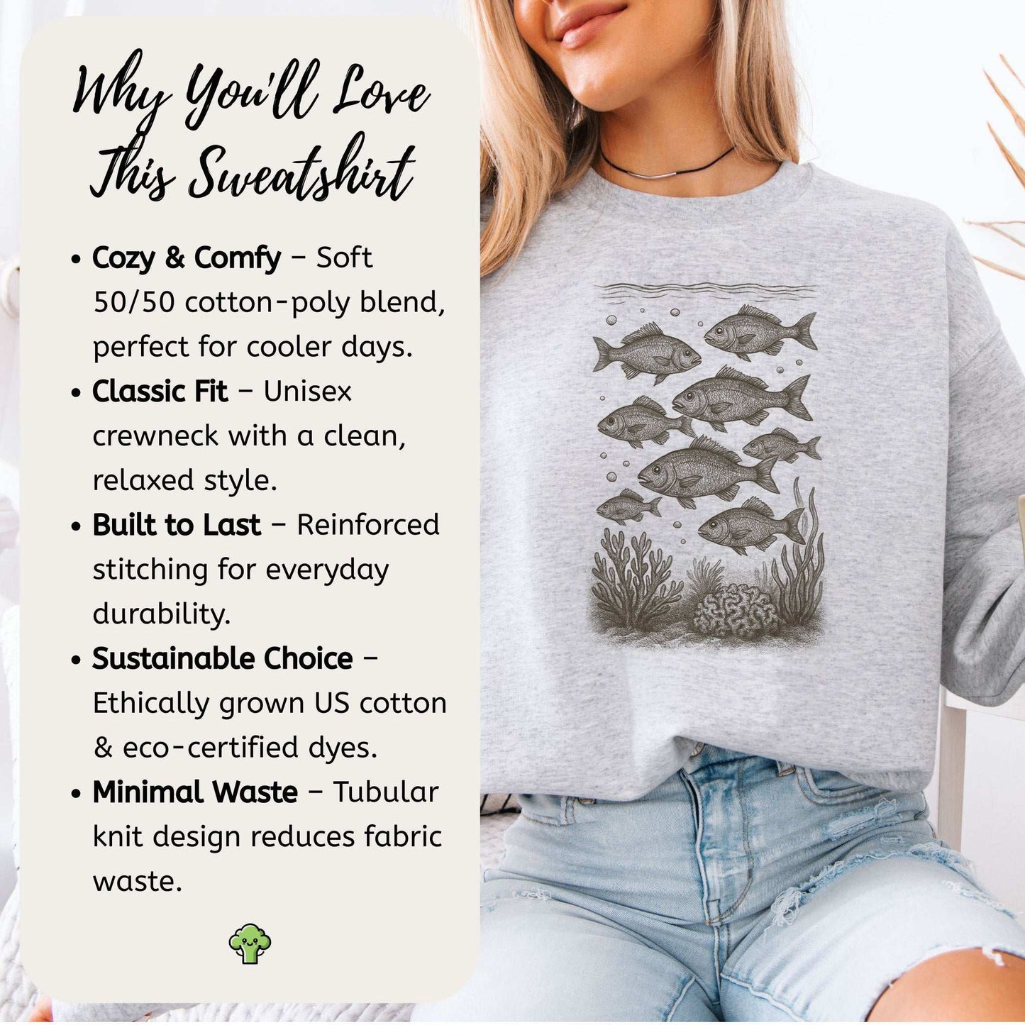 Fish sweatshirt featuring a hand-drawn school of fish with corals, promoting ocean life and respect for the locals.