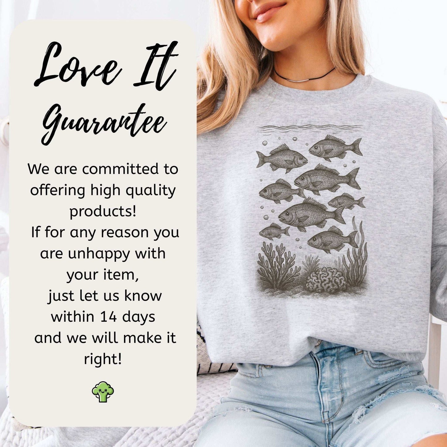 Female model wearing a fish sweatshirt with retro design, promoting ocean life and respecting locals.
