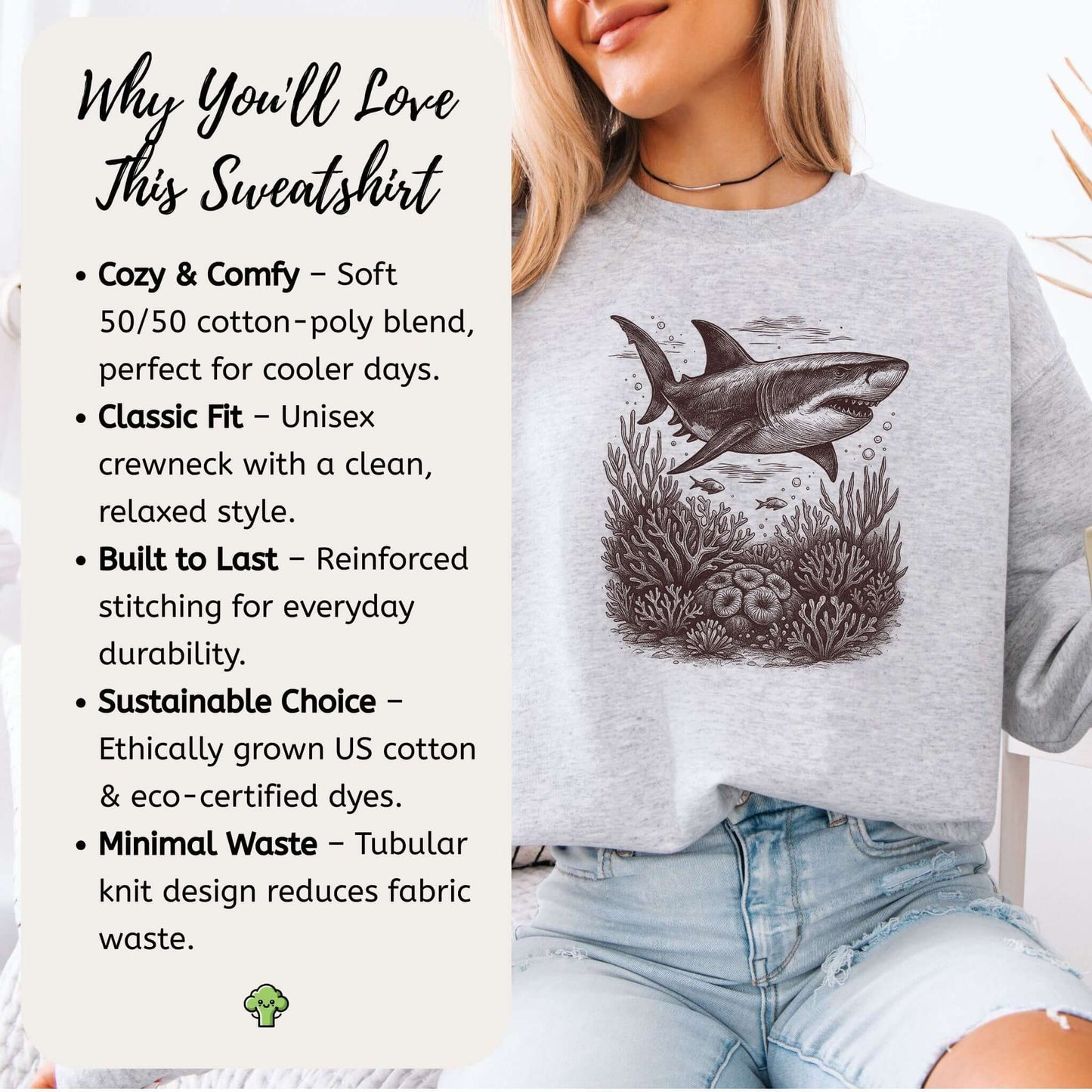 Shark and Coral Reef Sweatshirt showcasing a vintage-style shark design with coral, ideal for ocean lovers and conservationists.