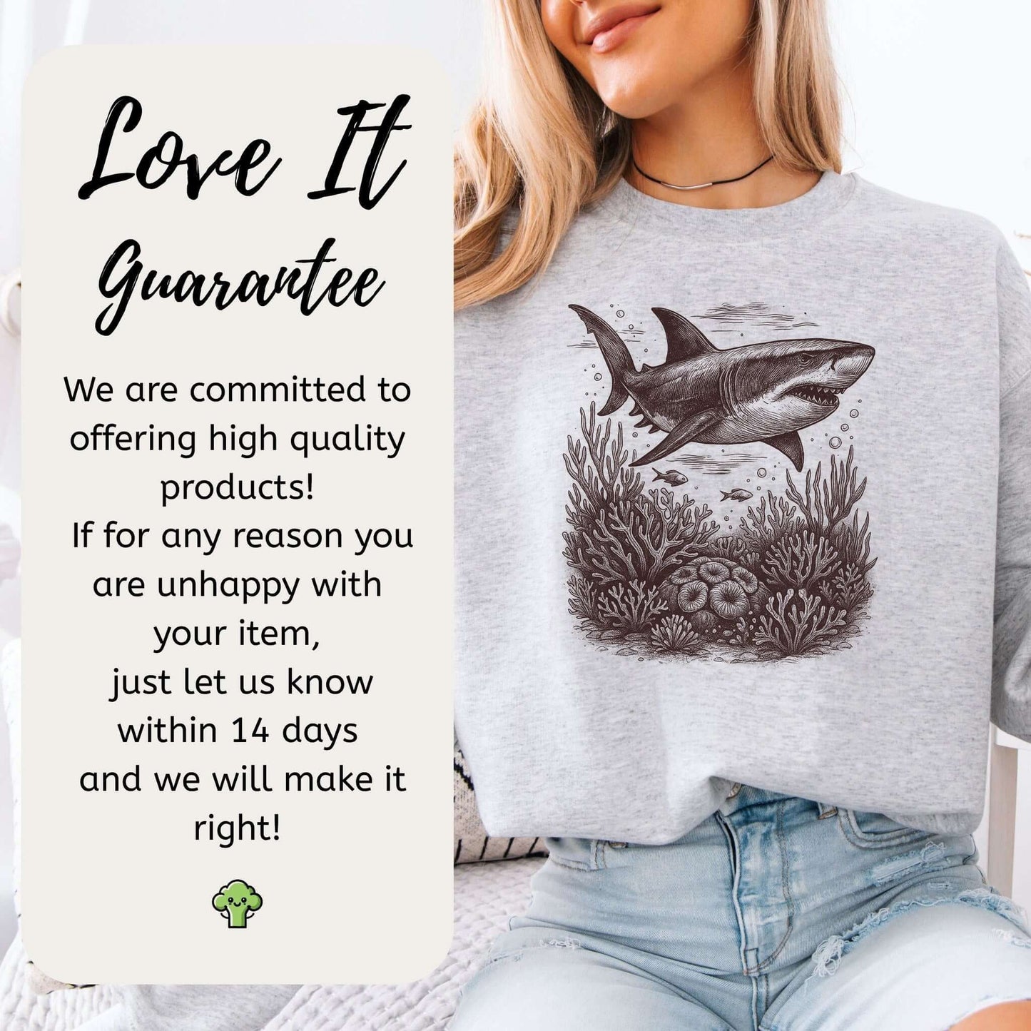 Shark and Coral Reef Sweatshirt featuring a hand-drawn shark design amidst ocean reef details.