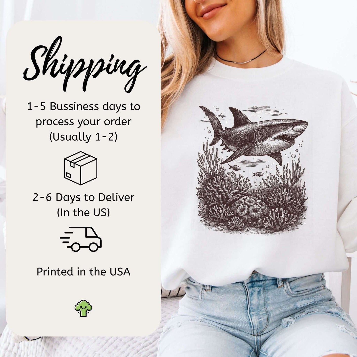 Shark and Coral Reef Sweatshirt featuring vintage shark sketch and reef details, perfect for ocean lovers.