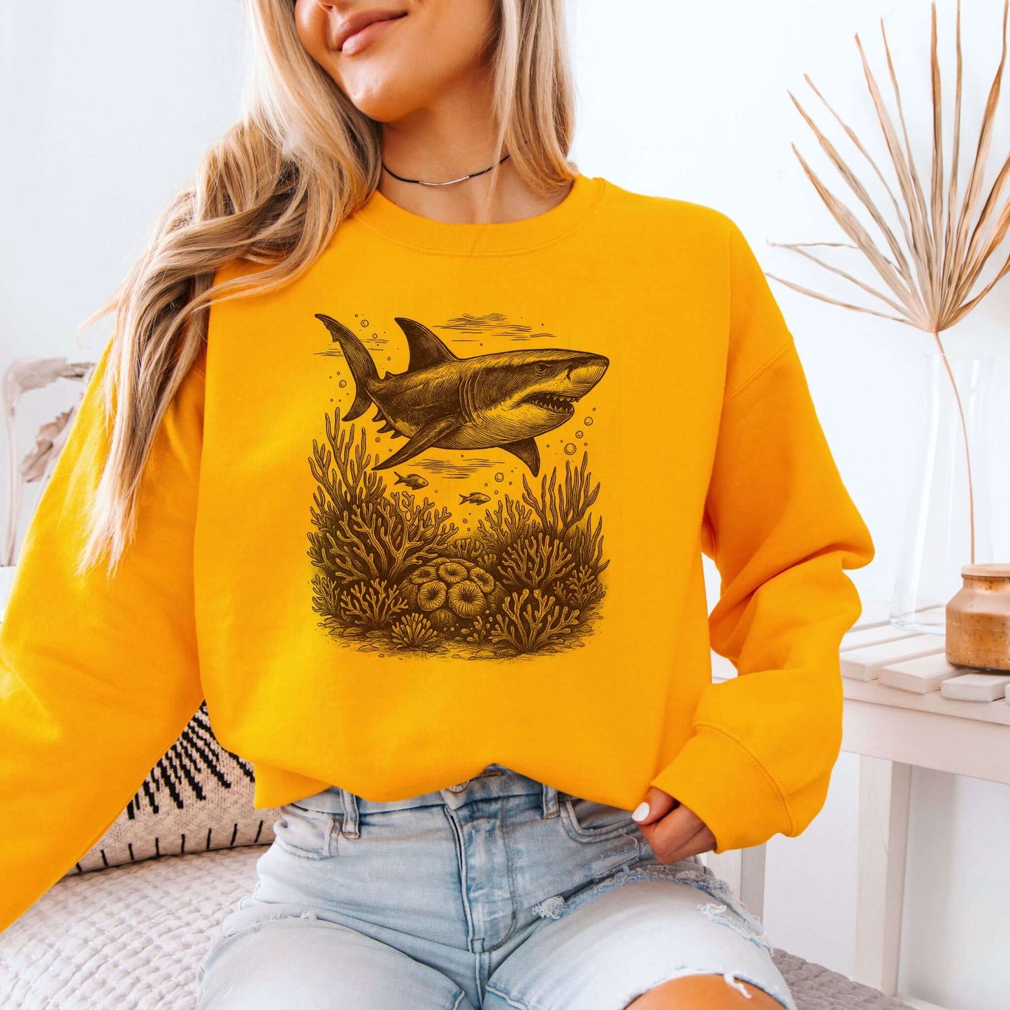 Shark and Coral Reef Sweatshirt showcasing a vintage shark design in a lively coral reef, perfect for ocean lovers.
