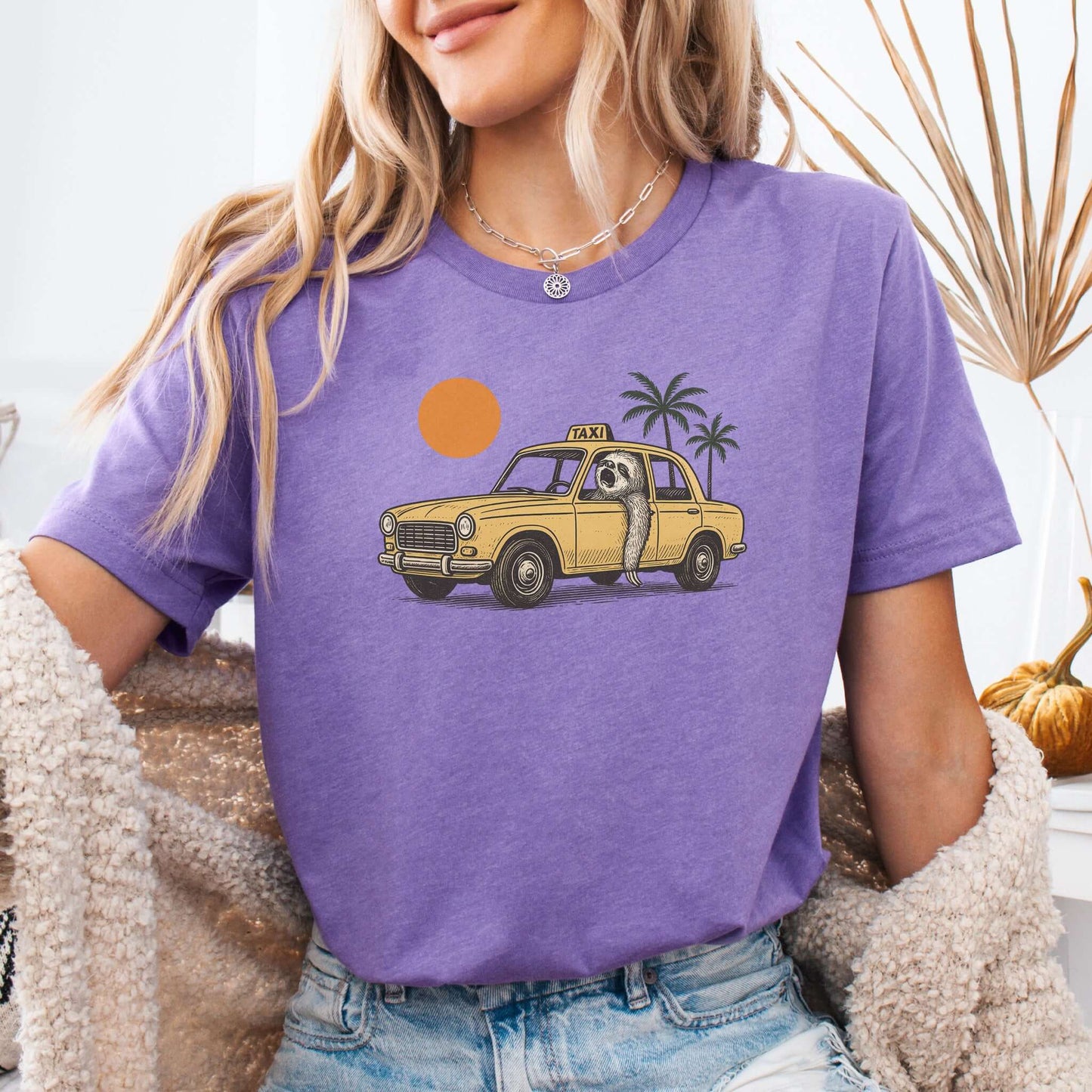 Sloth Taxi Driver T-Shirt – Funny Sloth Lover Shirt with Sunset & Palms