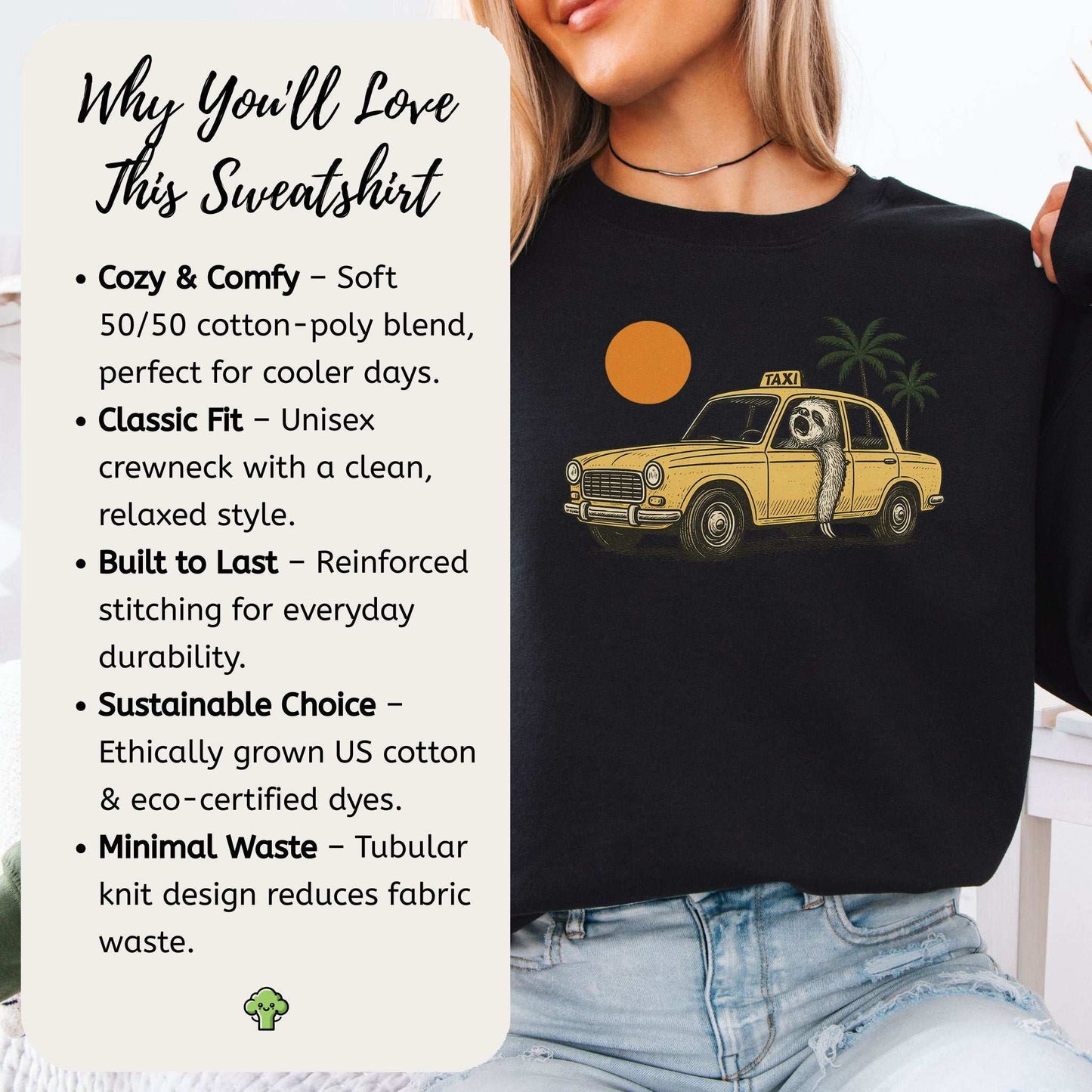 Sloth Taxi Driver Sweatshirt – Funny Tropical Ride with Sunset & Palms