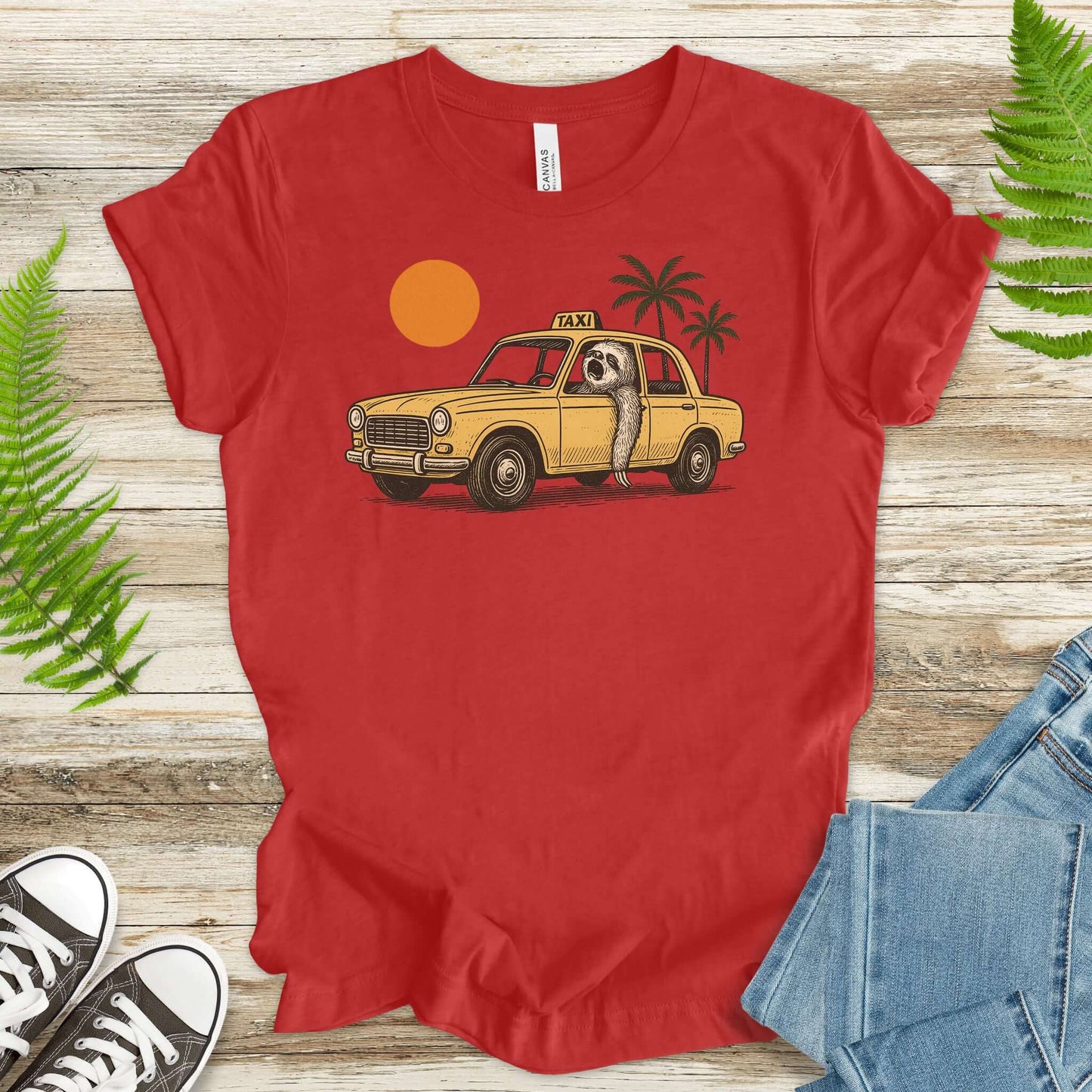 Sloth Taxi Driver T-Shirt – Funny Sloth Lover Shirt with Sunset & Palms