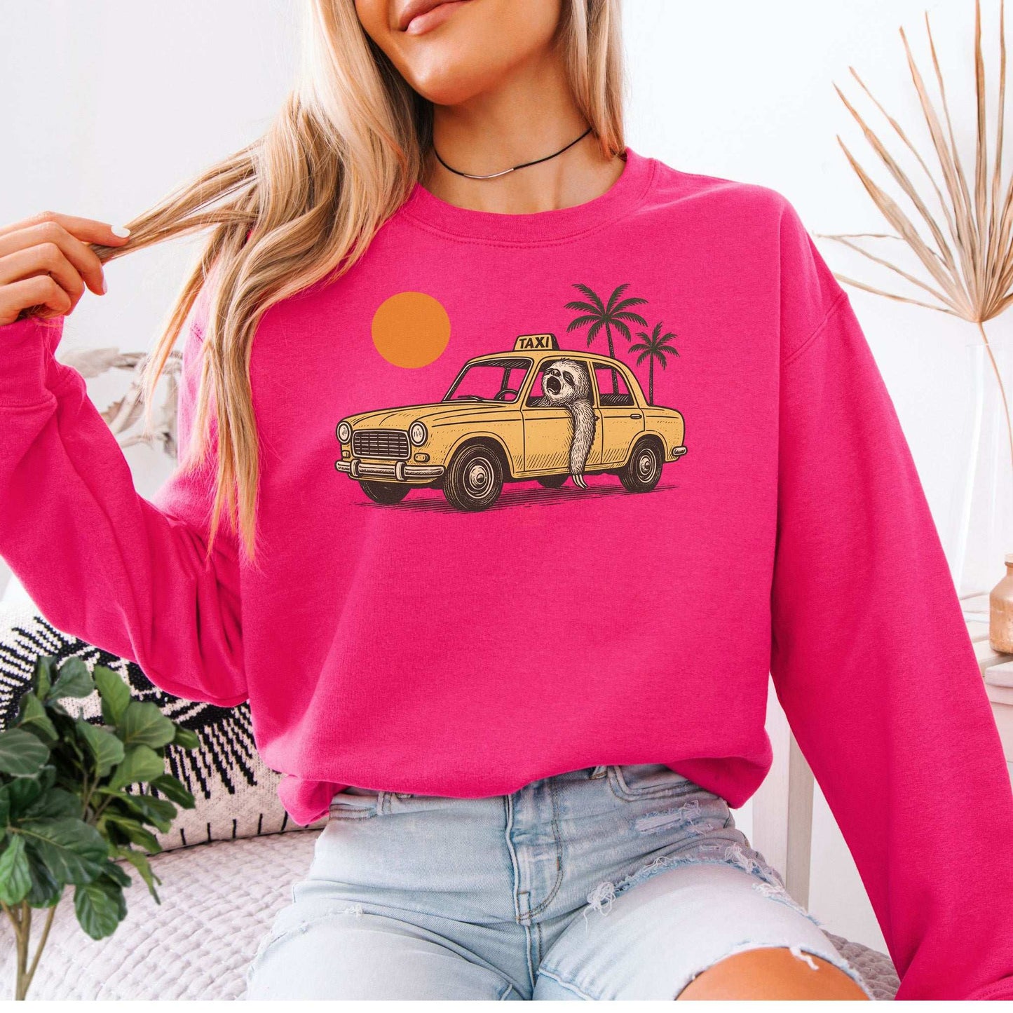 Sloth Taxi Driver Sweatshirt – Funny Tropical Ride with Sunset & Palms
