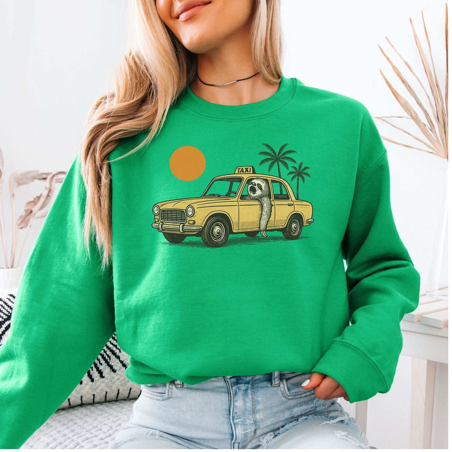 Sloth Taxi Driver Sweatshirt – Funny Tropical Ride with Sunset & Palms
