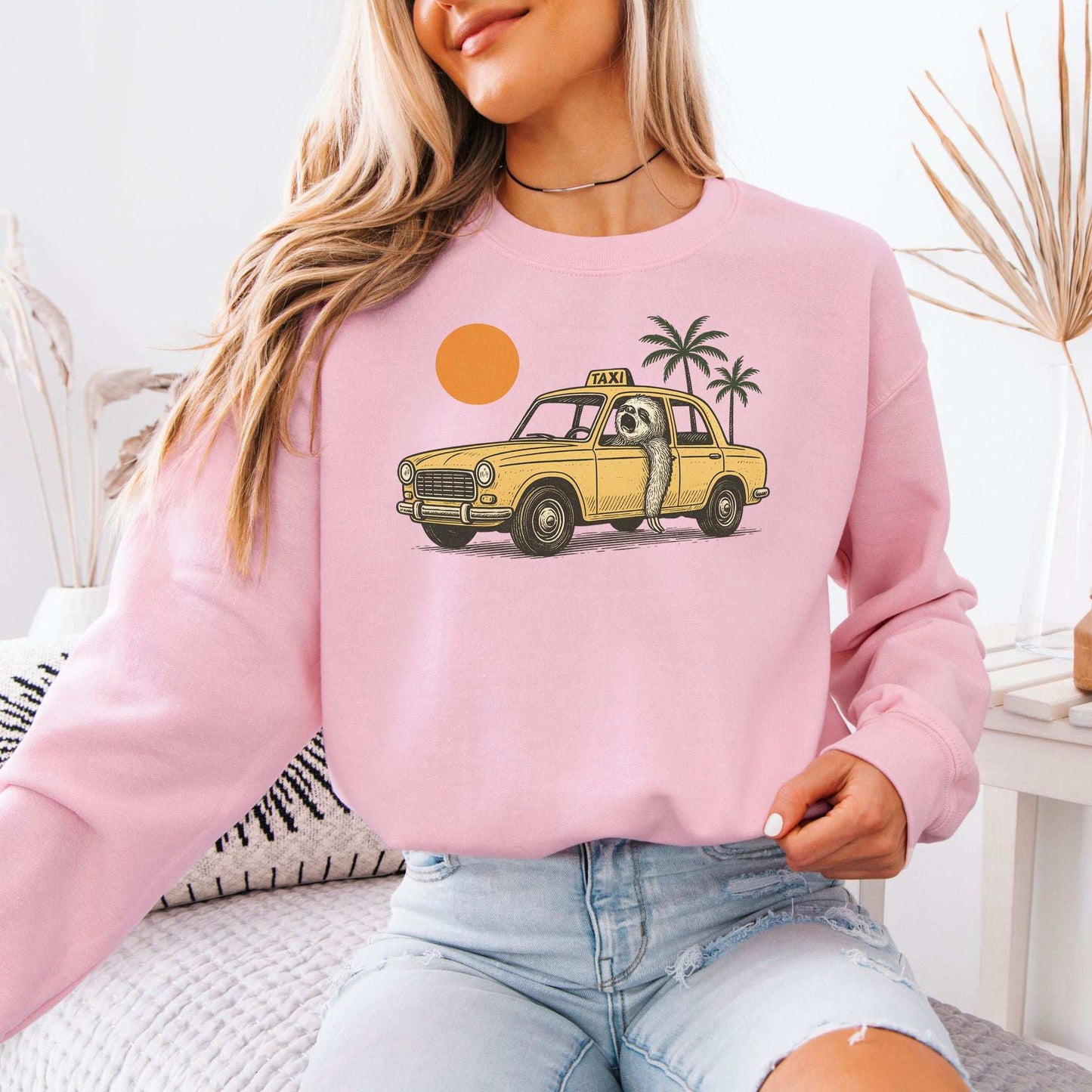 Sloth Taxi Driver Sweatshirt – Funny Tropical Ride with Sunset & Palms