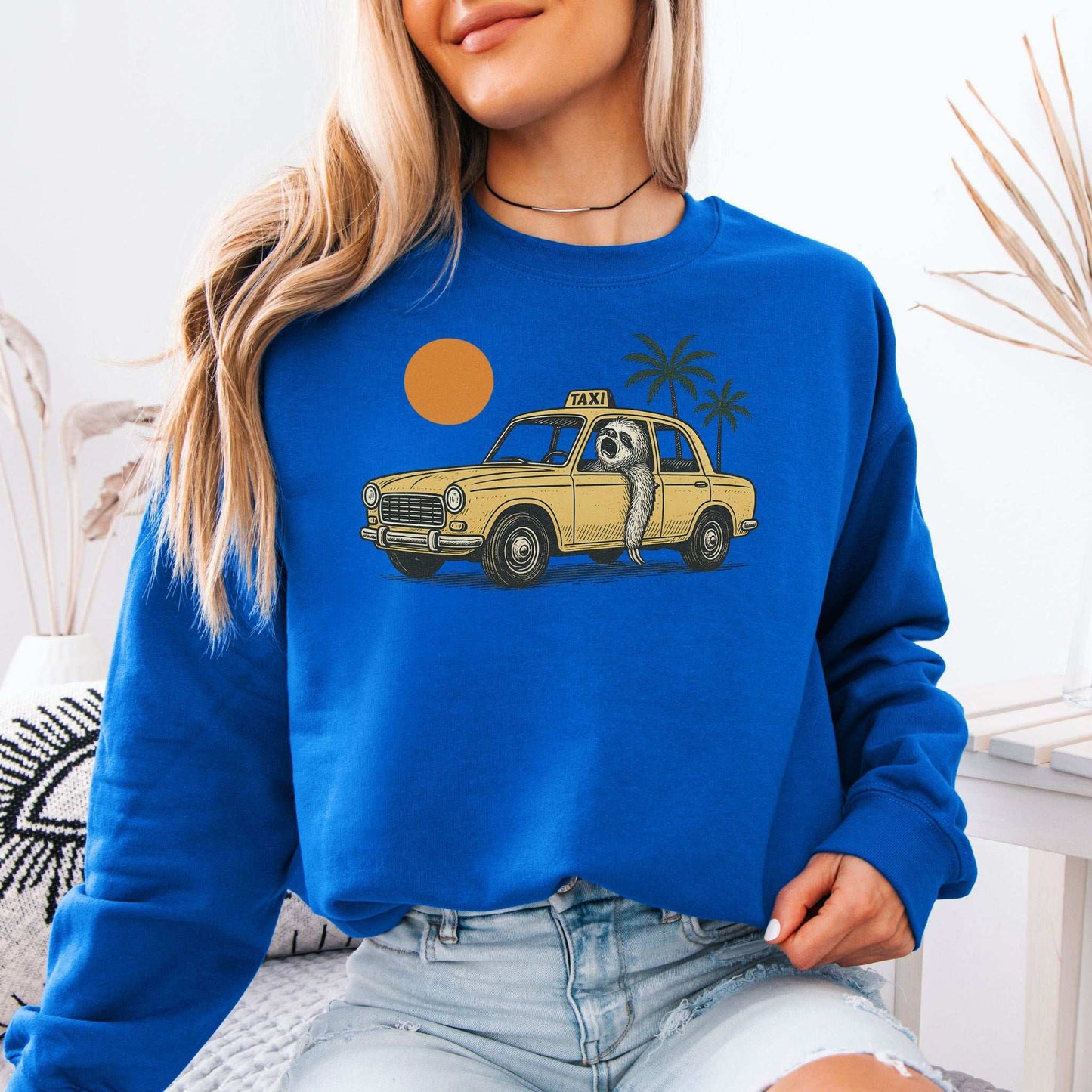 Sloth Taxi Driver Sweatshirt – Funny Tropical Ride with Sunset & Palms