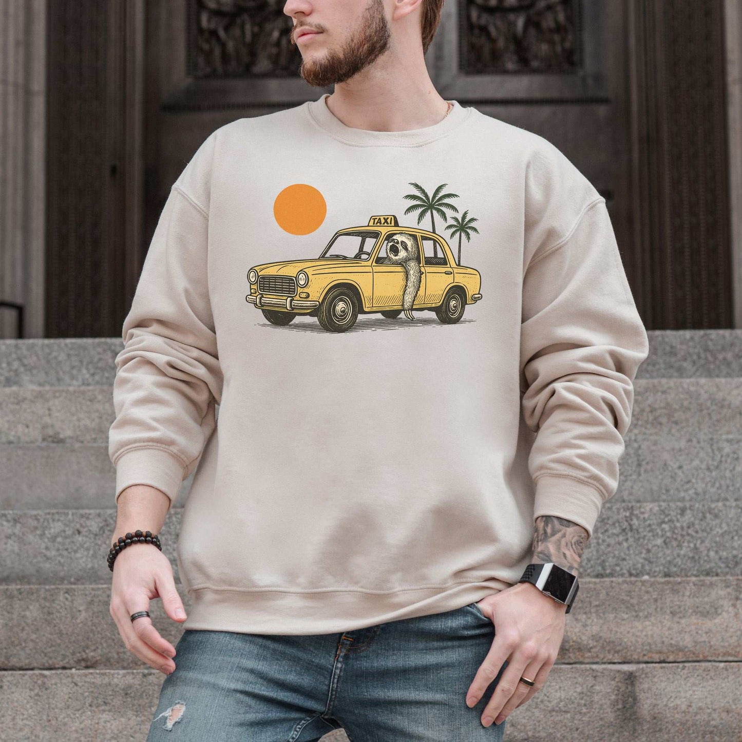 Sloth Taxi Driver Sweatshirt – Funny Tropical Ride with Sunset & Palms
