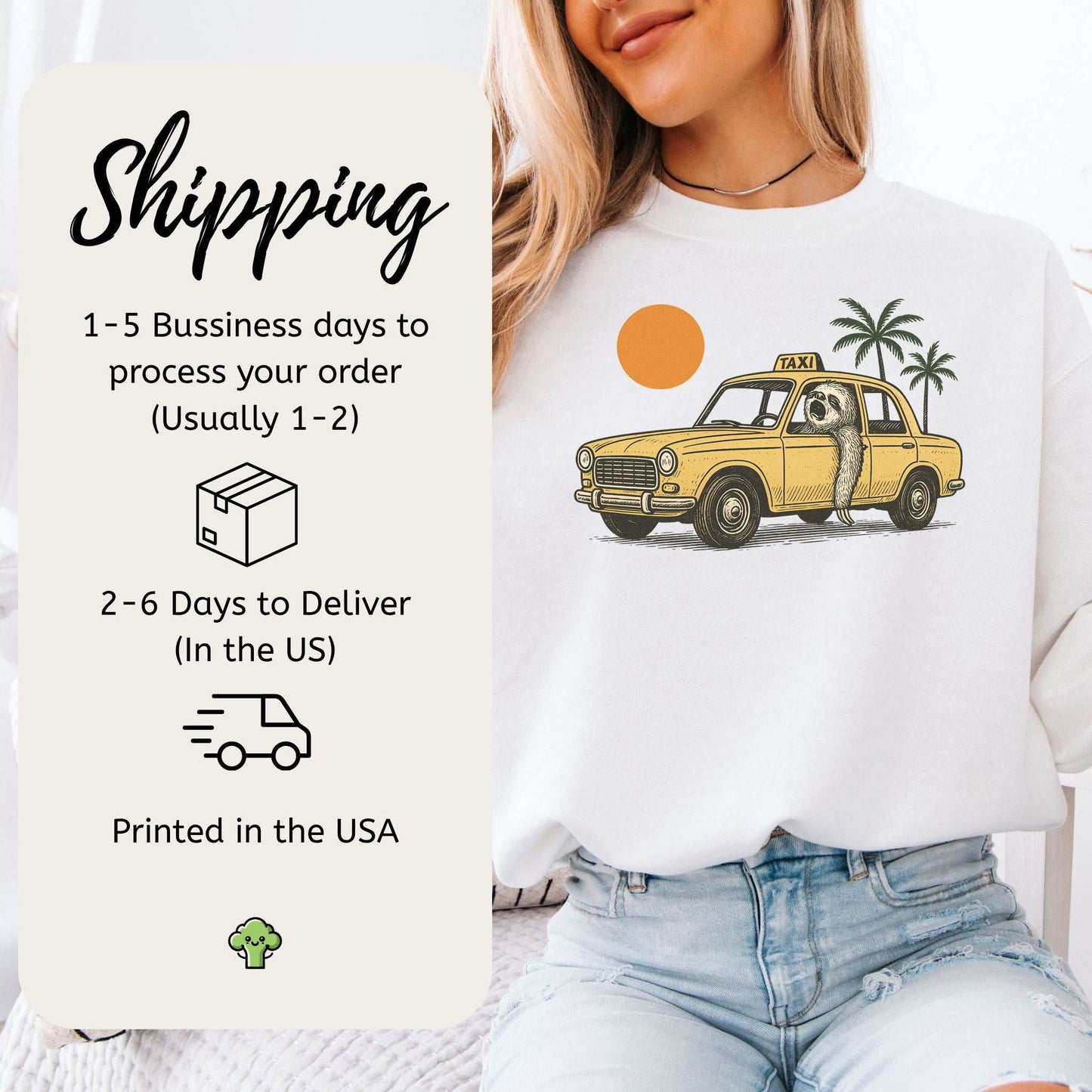 Sloth Taxi Driver Sweatshirt – Funny Tropical Ride with Sunset & Palms
