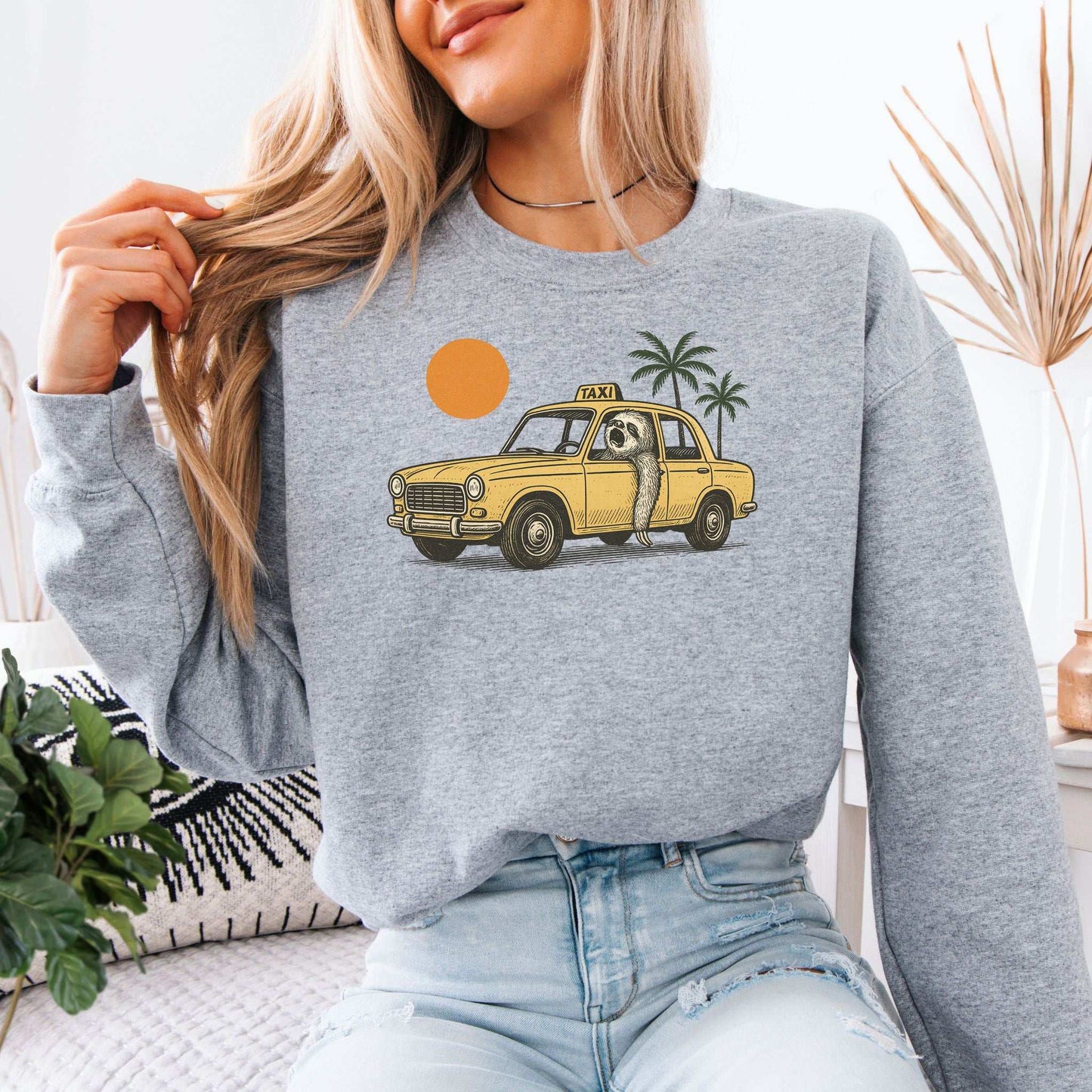 Sloth Taxi Driver Sweatshirt – Funny Tropical Ride with Sunset & Palms