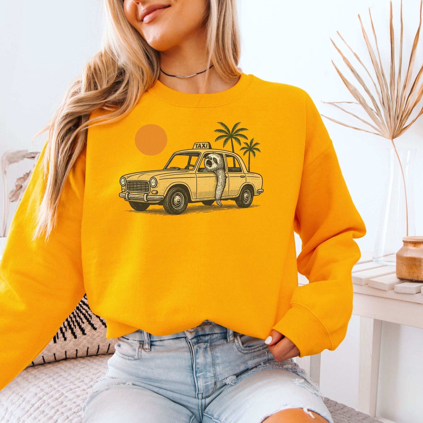 Sloth Taxi Driver Sweatshirt – Funny Tropical Ride with Sunset & Palms