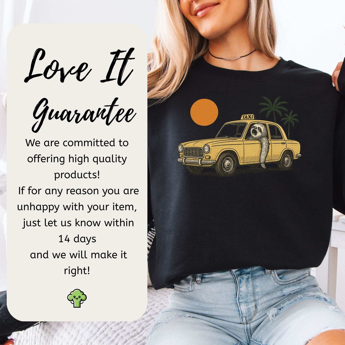 Sloth Taxi Driver Sweatshirt – Funny Tropical Ride with Sunset & Palms