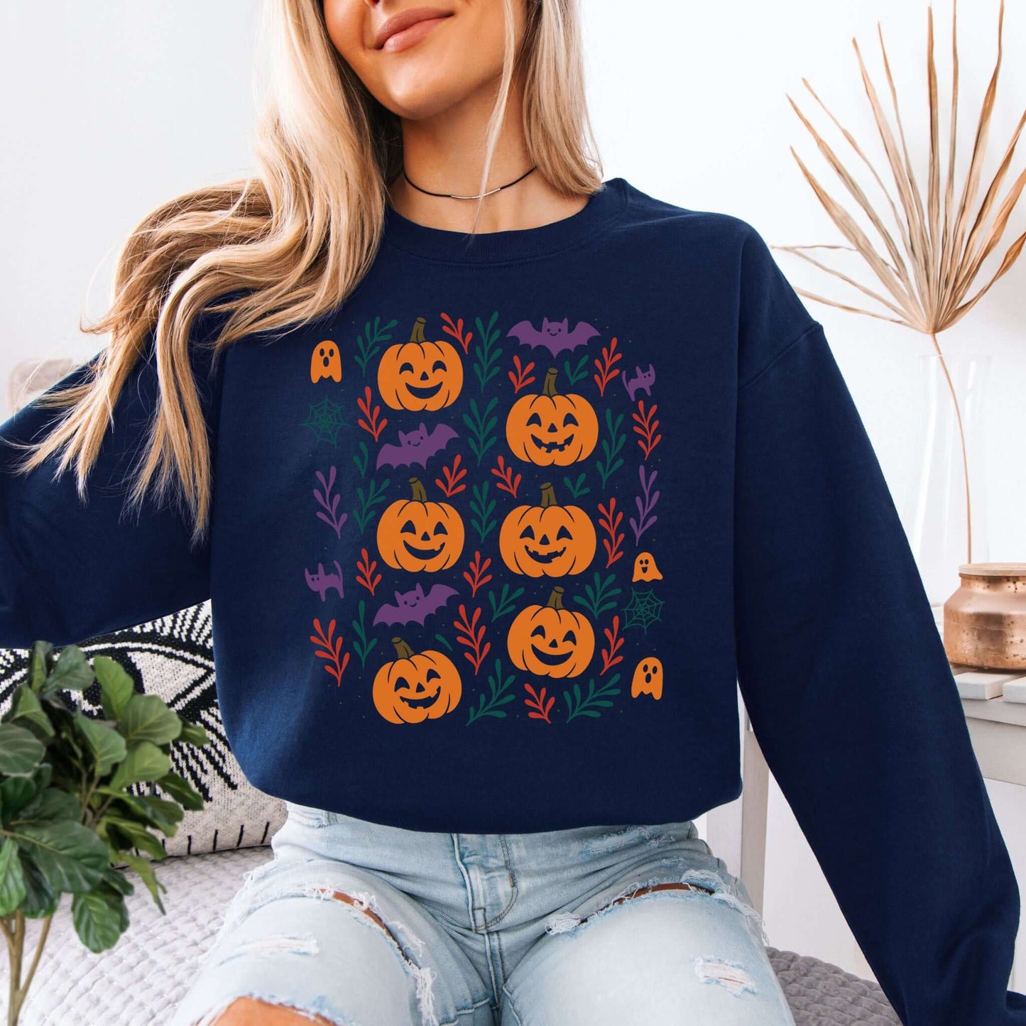 Cute Pumpkin Bats Halloween Sweatshirt – Spooky Doodles Fall Sweater for Women