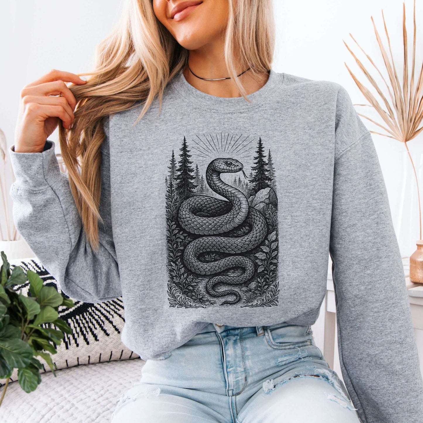 Serpent Wisdom Mystic Forest Snake Spirit Sweatshirt with detailed snake design in a lush forest setting.