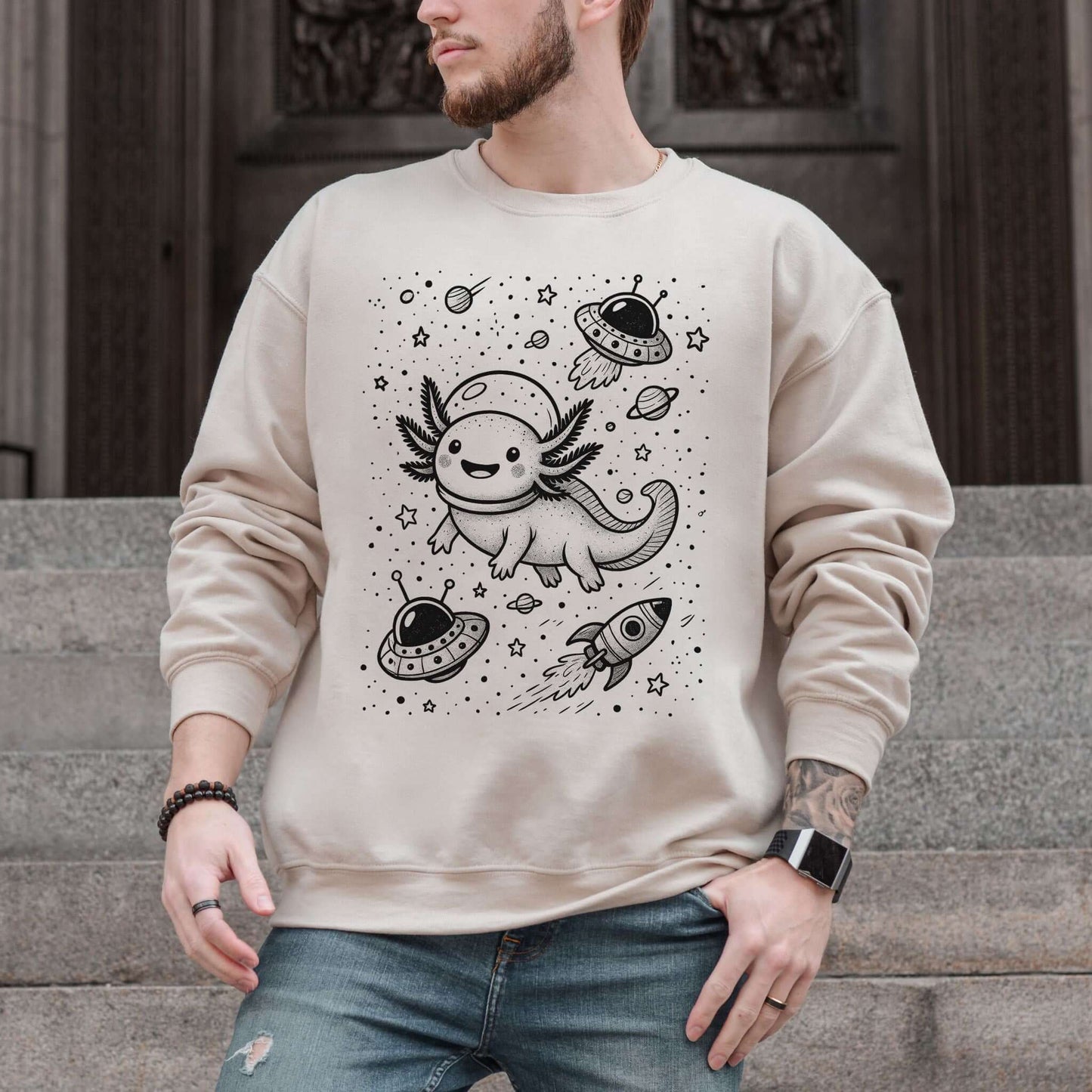 Axolotl in Space Sweatshirt – Funny Amphibian Lover Gift Crewneck